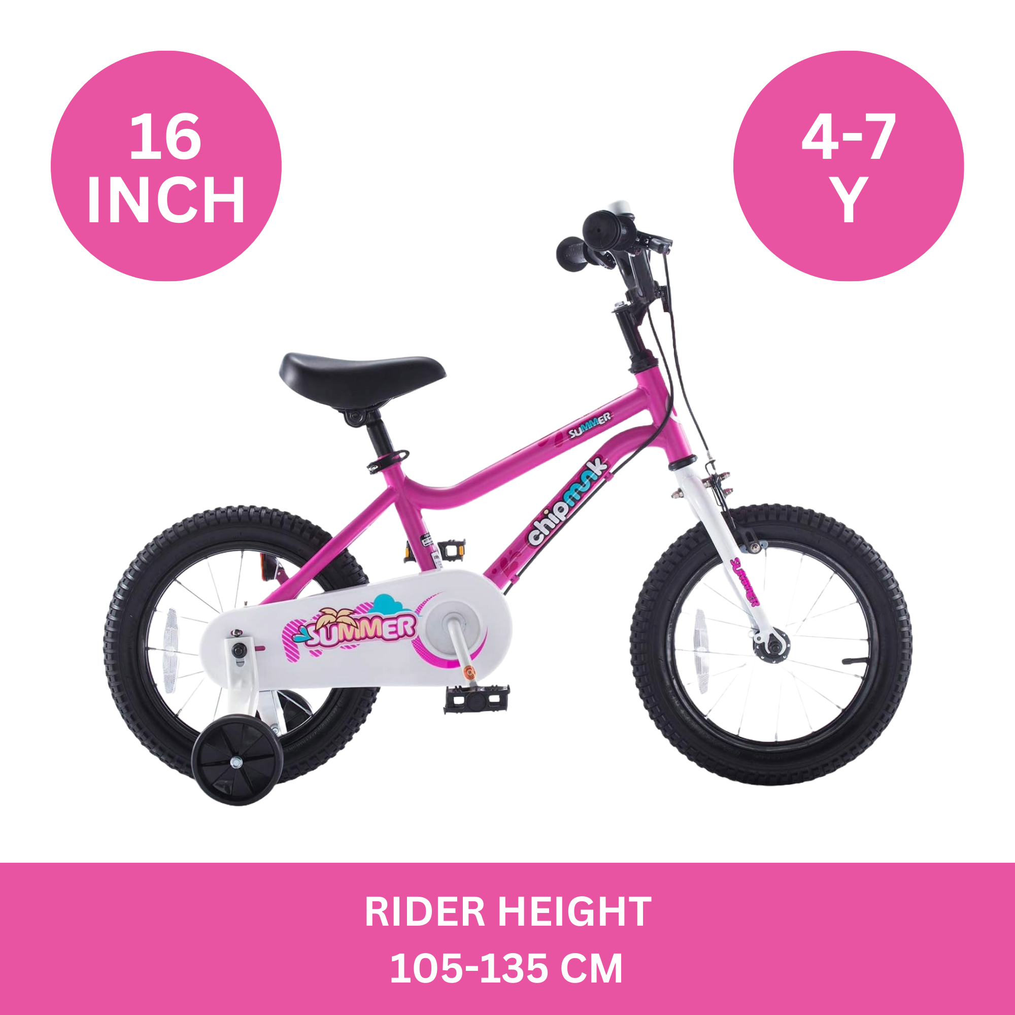 Chipmunk MK 16 Inch Bicycle with Lightweight Steel Frame, Adjustable Seat and Handle, Front + Rear Brakes, 95% Pre-Assembled Kid's Bikes with Training Wheels for Children 4-7 Years Old, Pink