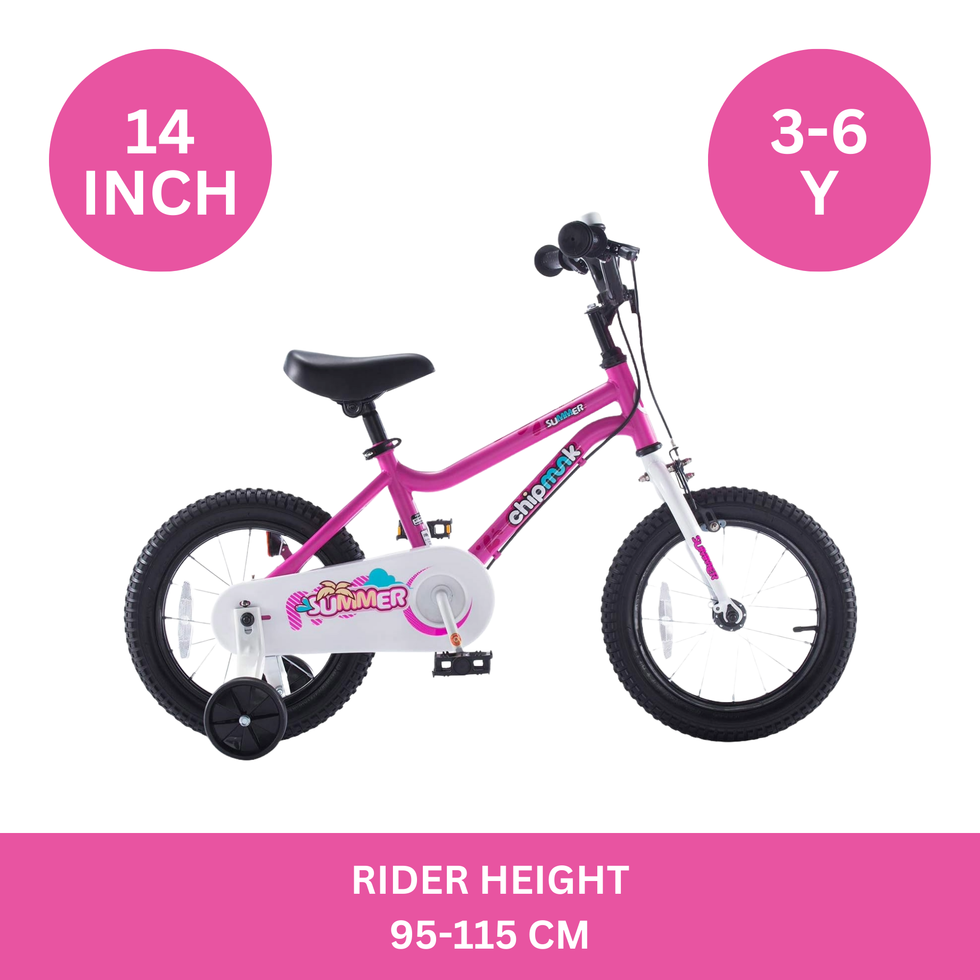 دراجة تشيبمنك إم كيه مقاس 14 بوصة بإطار فولاذي خفيف الوزن، ومقعد ومقبض قابلان للتعديل، وفرامل أمامية وخلفية، ودراجات أطفال مجمعة مسبقًا بنسبة 95% مع عجلات تدريب للأطفال من سن 3 إلى 6 سنوات، لون وردي