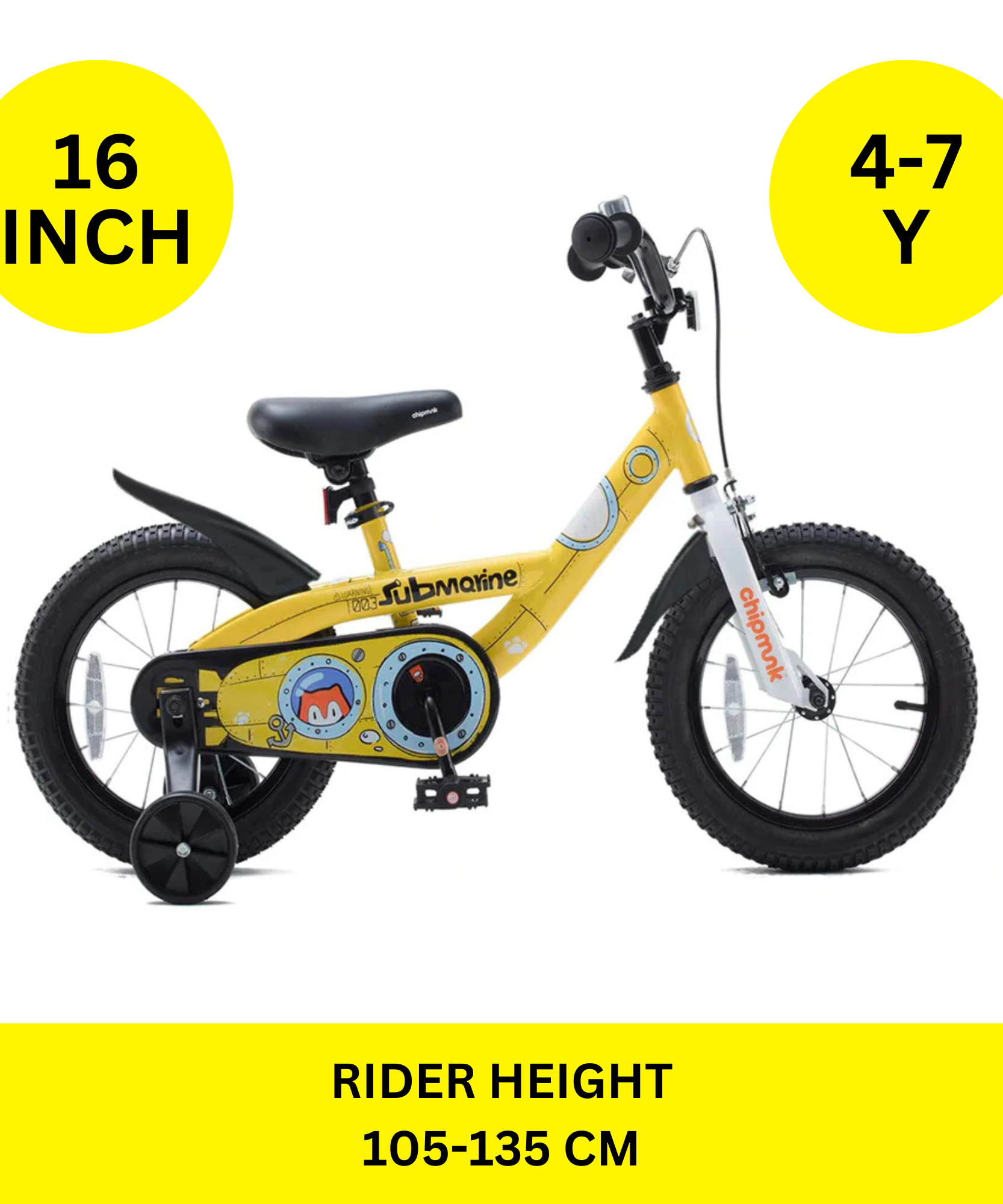 دراجة تشيبمنك سابمارين مقاس 16 بوصة بإطار فولاذي خفيف الوزن، ومقعد ومقبض قابلان للتعديل، وفرامل أمامية وخلفية، ودراجات أطفال مجمعة مسبقًا بنسبة 95% مع عجلات تدريب للأطفال من سن 4 إلى 7 سنوات، لون أصفر