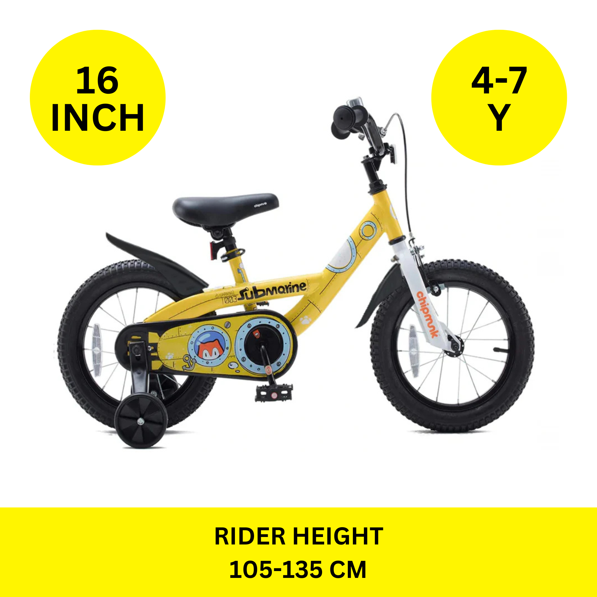 دراجة تشيبمنك سابمارين مقاس 16 بوصة بإطار فولاذي خفيف الوزن، ومقعد ومقبض قابلان للتعديل، وفرامل أمامية وخلفية، ودراجات أطفال مجمعة مسبقًا بنسبة 95% مع عجلات تدريب للأطفال من سن 4 إلى 7 سنوات، لون أصفر