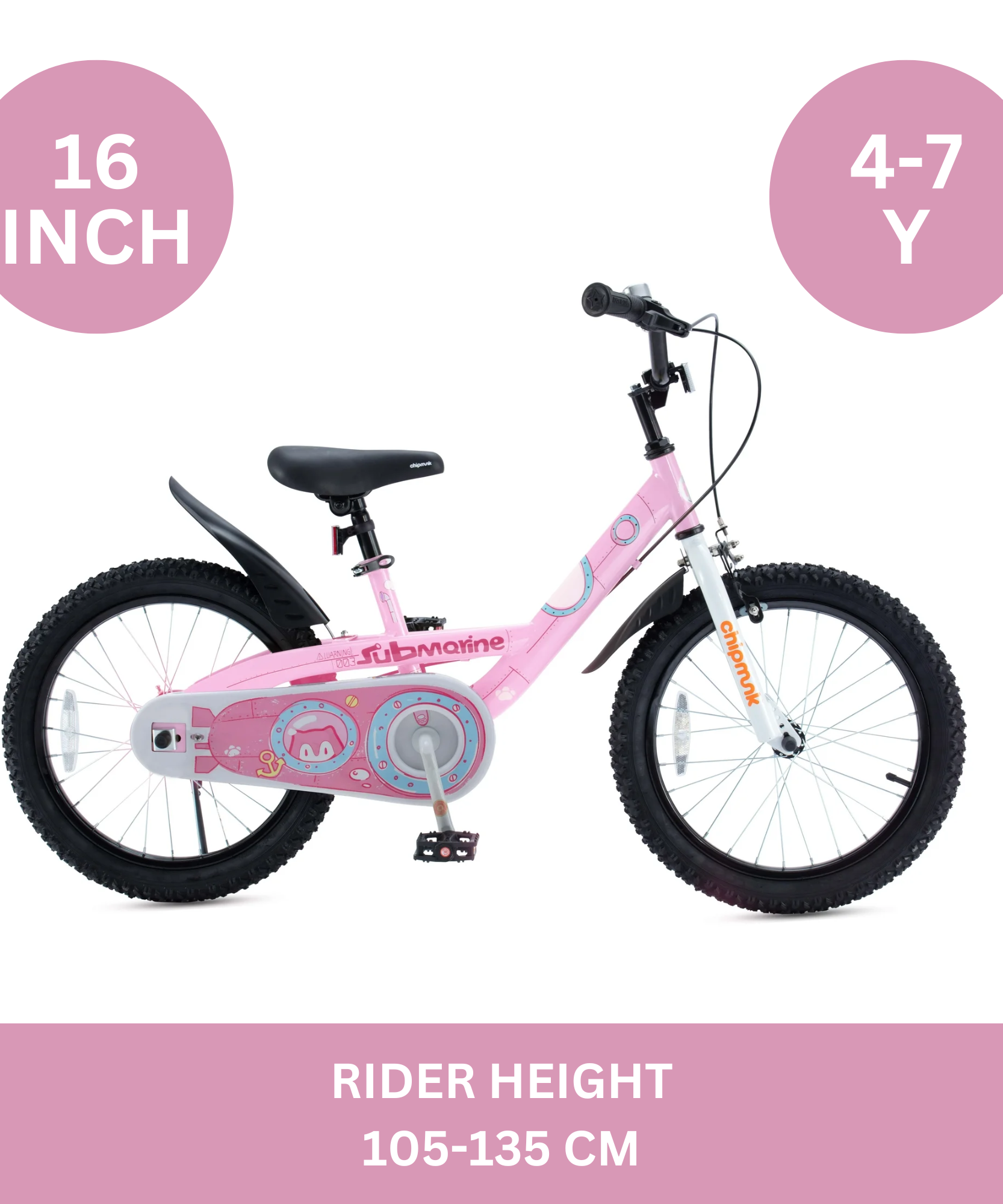 Chipmunk Submarine 16 Inch Bicycle with Lightweight Steel Frame, Adjustable Seat and Handle, Front + Rear Brakes, 95% Pre-Assembled Kid's Bikes with Training Wheels for Children 4-7 Years Old, Pink