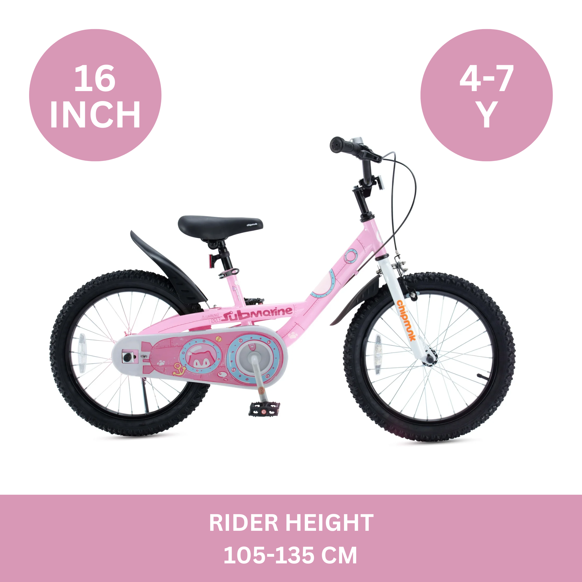 Chipmunk Submarine 16 Inch Bicycle with Lightweight Steel Frame, Adjustable Seat and Handle, Front + Rear Brakes, 95% Pre-Assembled Kid's Bikes with Training Wheels for Children 4-7 Years Old, Pink