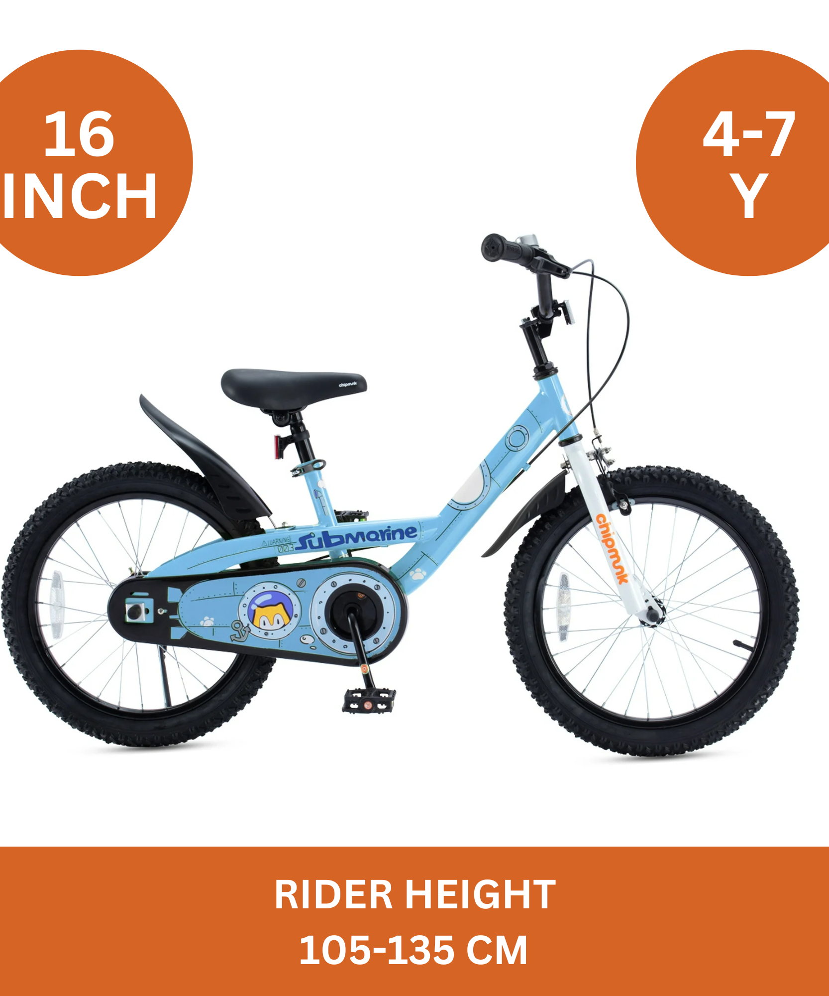دراجة تشيبمنك سابمارين مقاس 16 بوصة بإطار فولاذي خفيف الوزن، ومقعد ومقبض قابلان للتعديل، وفرامل أمامية وخلفية، ودراجات أطفال مجمعة مسبقًا بنسبة 95% مع عجلات تدريب للأطفال من سن 4 إلى 7 سنوات، لون أزرق