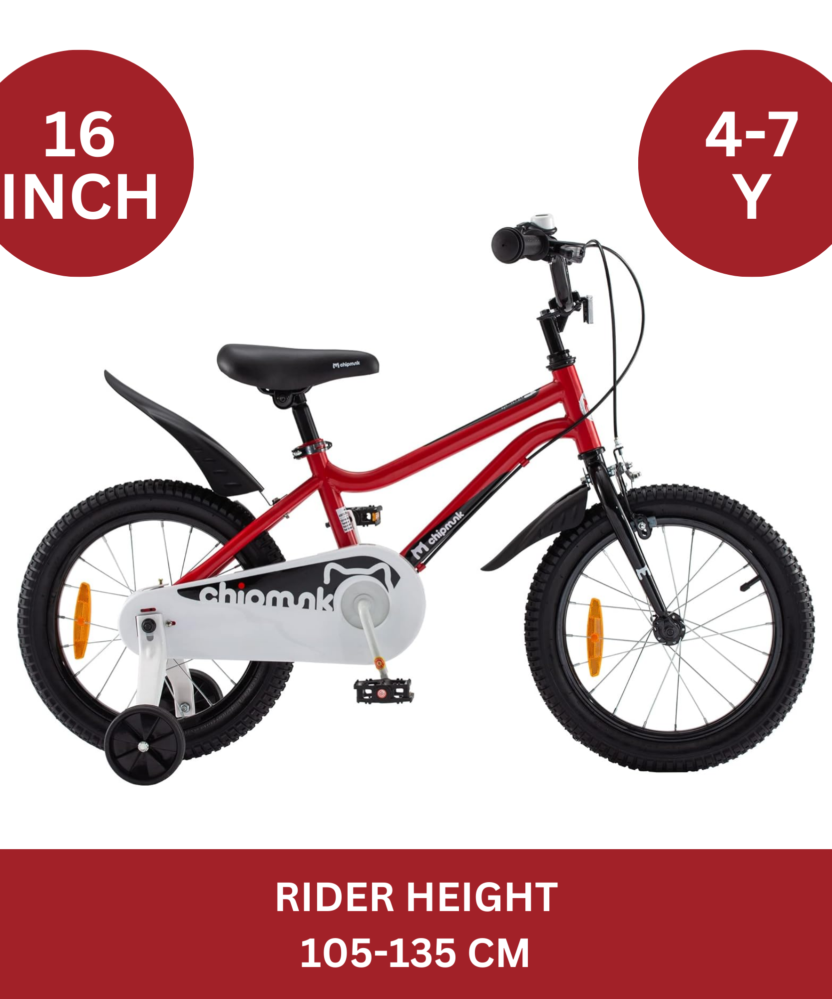 دراجة تشيبمنك إم كيه مقاس 16 بوصة بإطار فولاذي خفيف الوزن، ومقعد ومقبض قابلان للتعديل، وفرامل أمامية وخلفية، ودراجات أطفال مجمعة مسبقًا بنسبة 95% مع عجلات تدريب للأطفال من سن 4 إلى 7 سنوات، لون أحمر