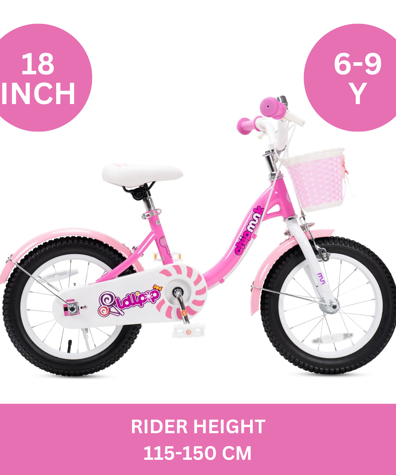 دراجة تشيبمنك إم إم مقاس 18 بوصة بهيكل فولاذي خفيف الوزن، وسلة، ومقعد ومقبض قابلين للتعديل، وفرامل أمامية وخلفية، ودراجات أطفال مجمعة مسبقًا بنسبة 85% مع عجلات تدريب للأطفال من سن 6 إلى 9 سنوات، لون وردي