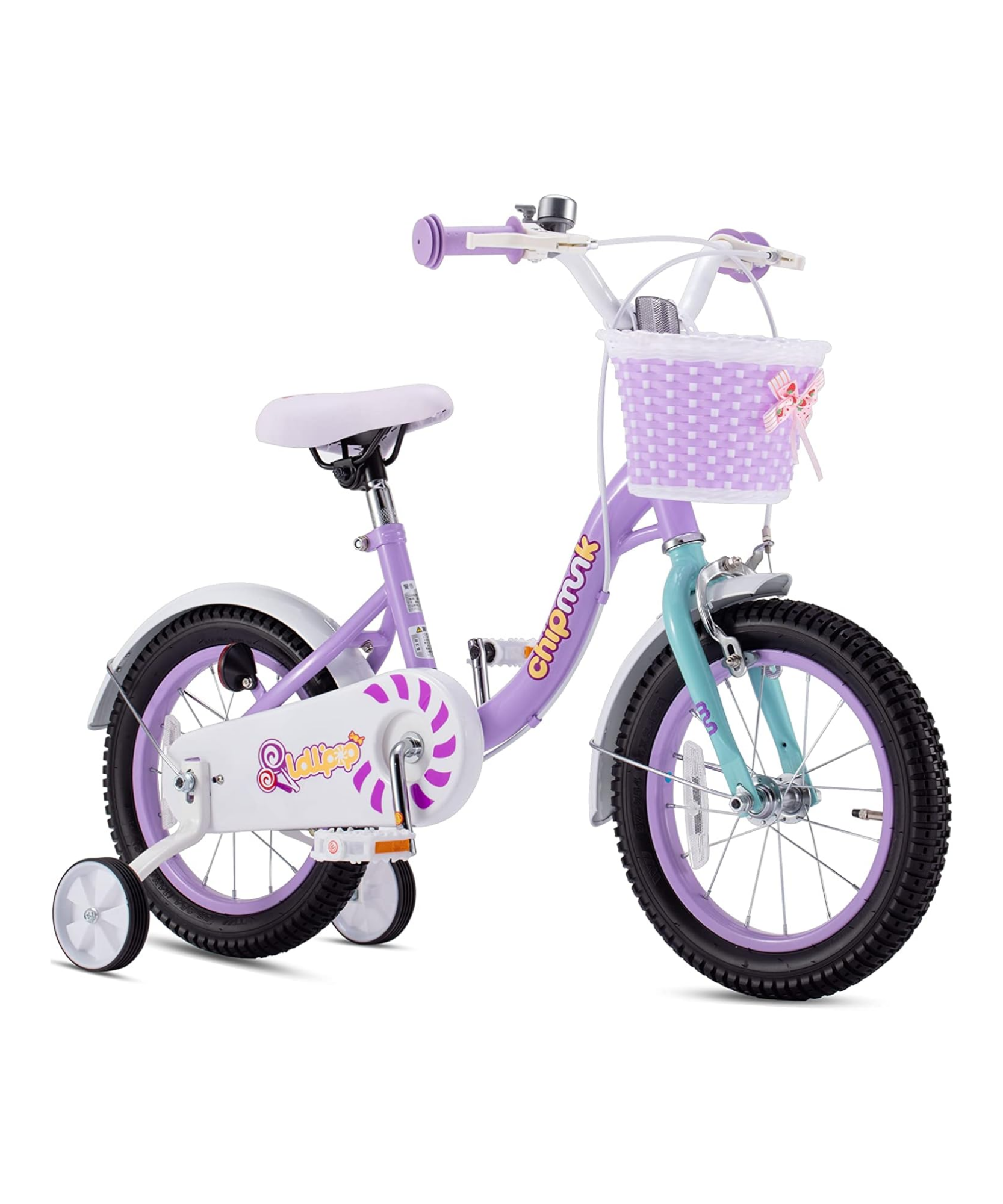 دراجة تشيبمنك إم إم مقاس ١٤ بوصة بهيكل فولاذي خفيف الوزن، وسلة، ومقعد ومقبض قابلين للتعديل، وفرامل أمامية وخلفية، ودراجات أطفال مُجمّعة مسبقًا بنسبة ٨٥٪ مع عجلات تدريب للأطفال من سن ٣ إلى ٦ سنوات، لون أرجواني