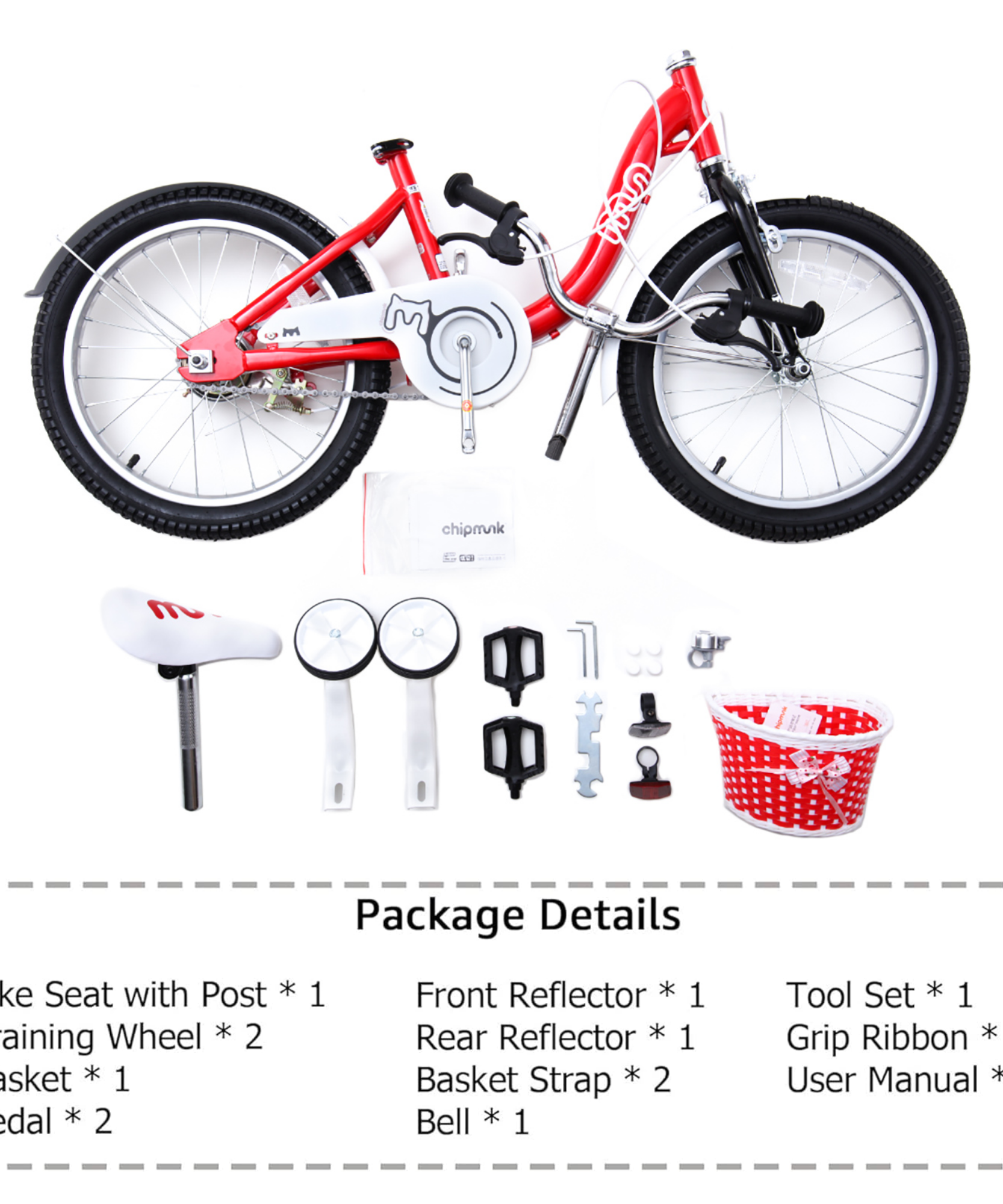 دراجة تشيبمنك إم إم مقاس 12 بوصة بهيكل فولاذي خفيف الوزن، وسلة، ومقعد ومقبض قابلين للتعديل، وفرامل أمامية وخلفية، ودراجات أطفال مجمعة مسبقًا بنسبة 85% مع عجلات تدريب للأطفال من عمر 2 إلى 5 سنوات، لون أحمر