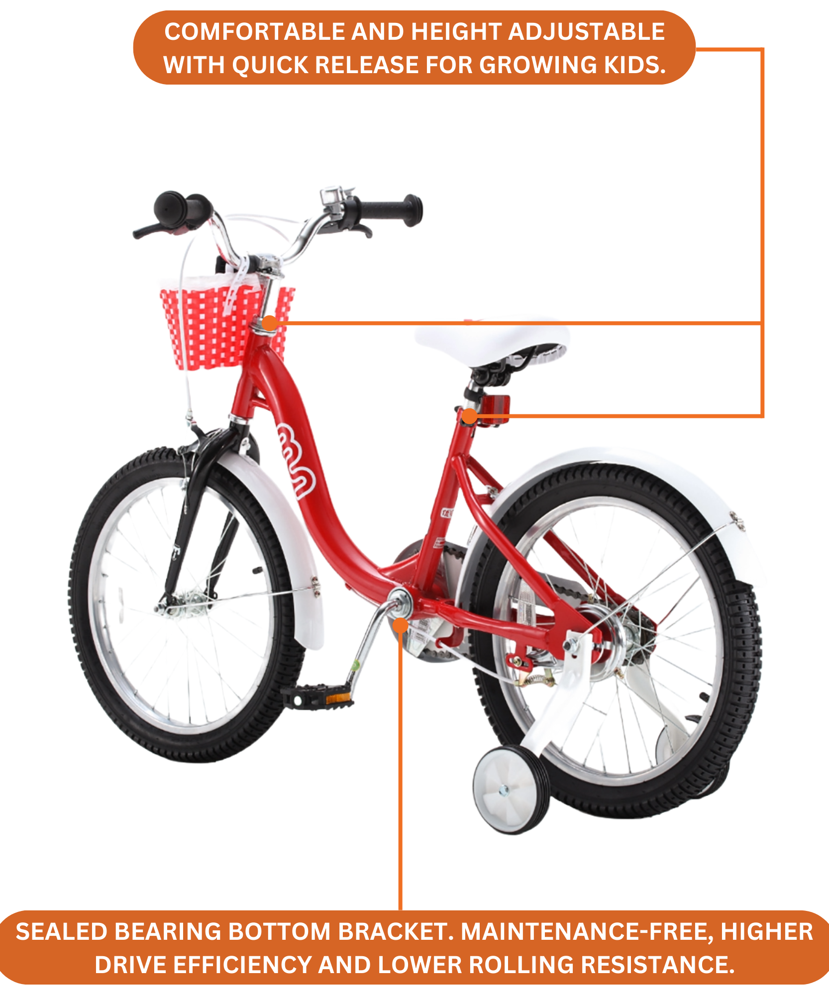 دراجة تشيبمنك إم إم مقاس ١٤ بوصة بهيكل فولاذي خفيف الوزن، وسلة، ومقعد ومقبض قابلين للتعديل، وفرامل أمامية وخلفية، ودراجات أطفال مُجمّعة مسبقًا بنسبة ٨٥٪ مع عجلات تدريب للأطفال من سن ٣ إلى ٦ سنوات، لون أحمر