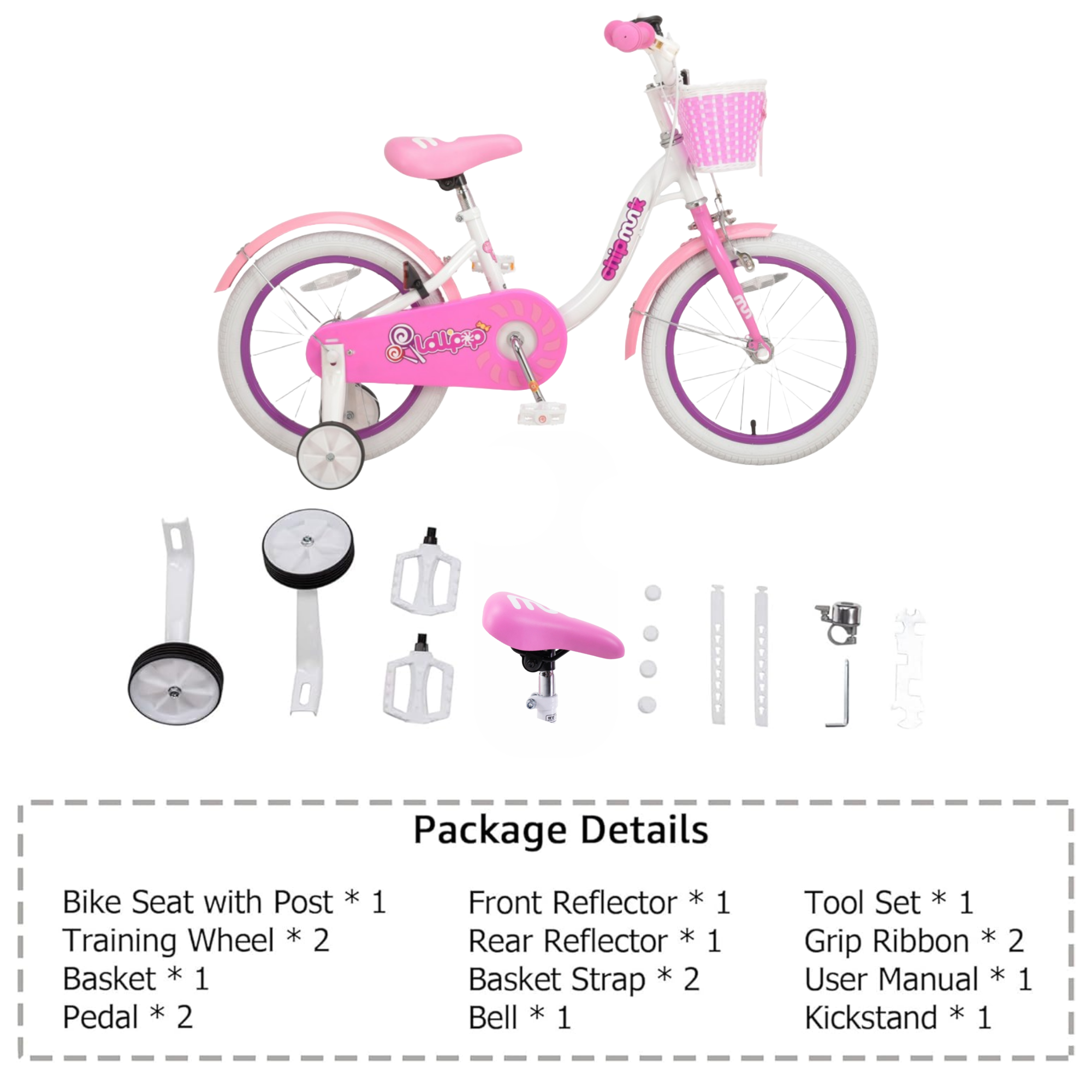 دراجة تشيبمنك إم إم مقاس 14 بوصة بإطار فولاذي خفيف الوزن، وسلة، ومقعد ومقبض قابلين للتعديل، وفرامل أمامية وخلفية، ودراجات أطفال مجمعة مسبقًا بنسبة 85% مع عجلات تدريب للأطفال من سن 3 إلى 6 سنوات، لون أبيض