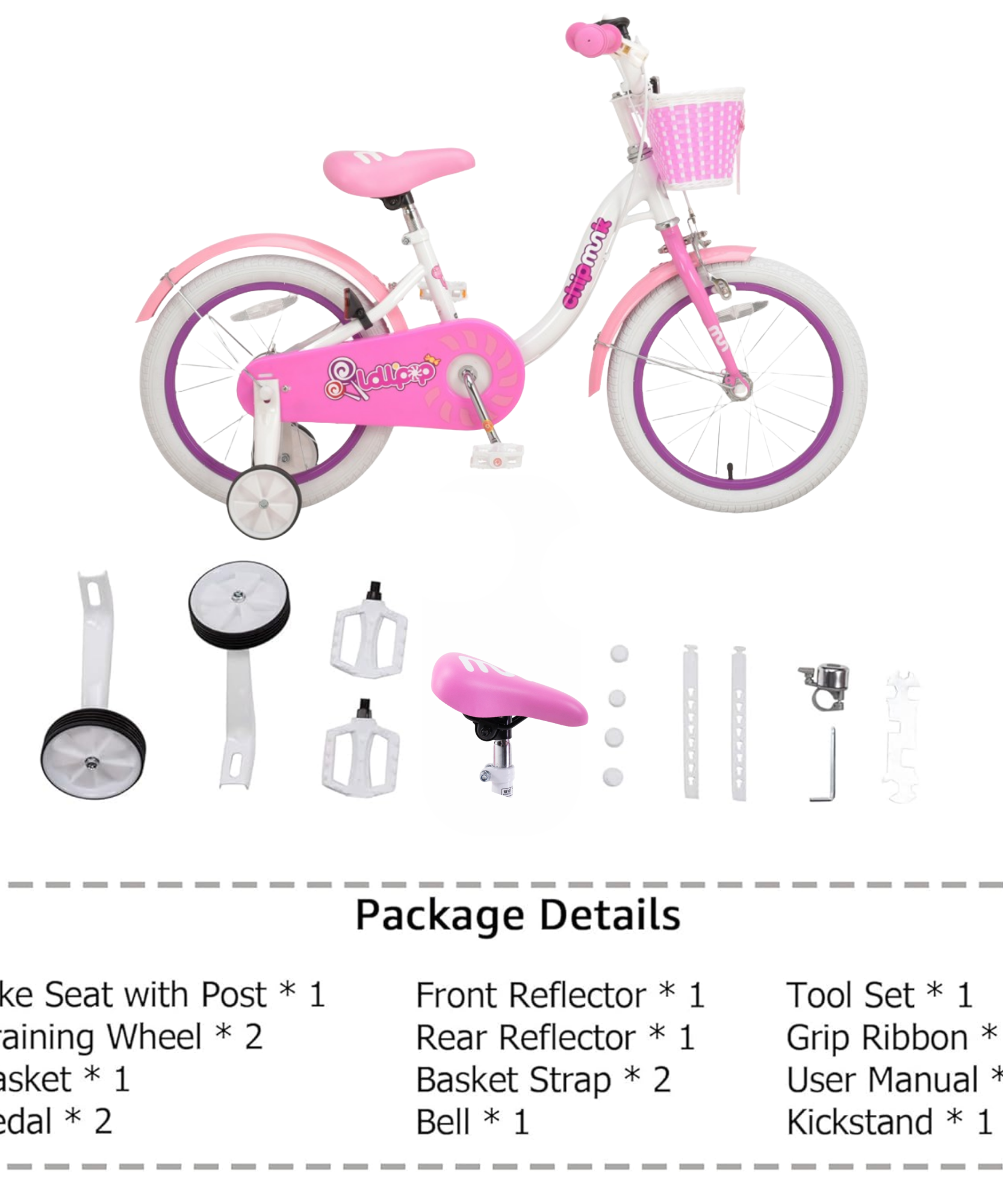 دراجة تشيبمنك إم إم مقاس 16 بوصة بإطار فولاذي خفيف الوزن، وسلة، ومقعد ومقبض قابلين للتعديل، وفرامل أمامية وخلفية، ودراجات أطفال مجمعة مسبقًا بنسبة 85% مع عجلات تدريب للأطفال من سن 4 إلى 7 سنوات، لون أبيض