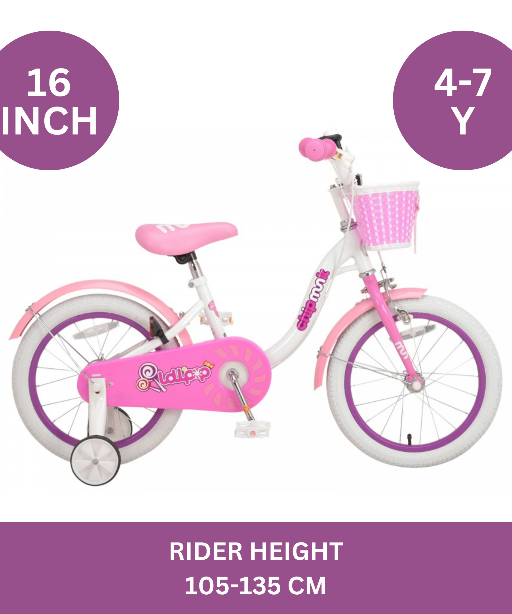 دراجة تشيبمنك إم إم مقاس 16 بوصة بإطار فولاذي خفيف الوزن، وسلة، ومقعد ومقبض قابلين للتعديل، وفرامل أمامية وخلفية، ودراجات أطفال مجمعة مسبقًا بنسبة 85% مع عجلات تدريب للأطفال من سن 4 إلى 7 سنوات، لون أبيض