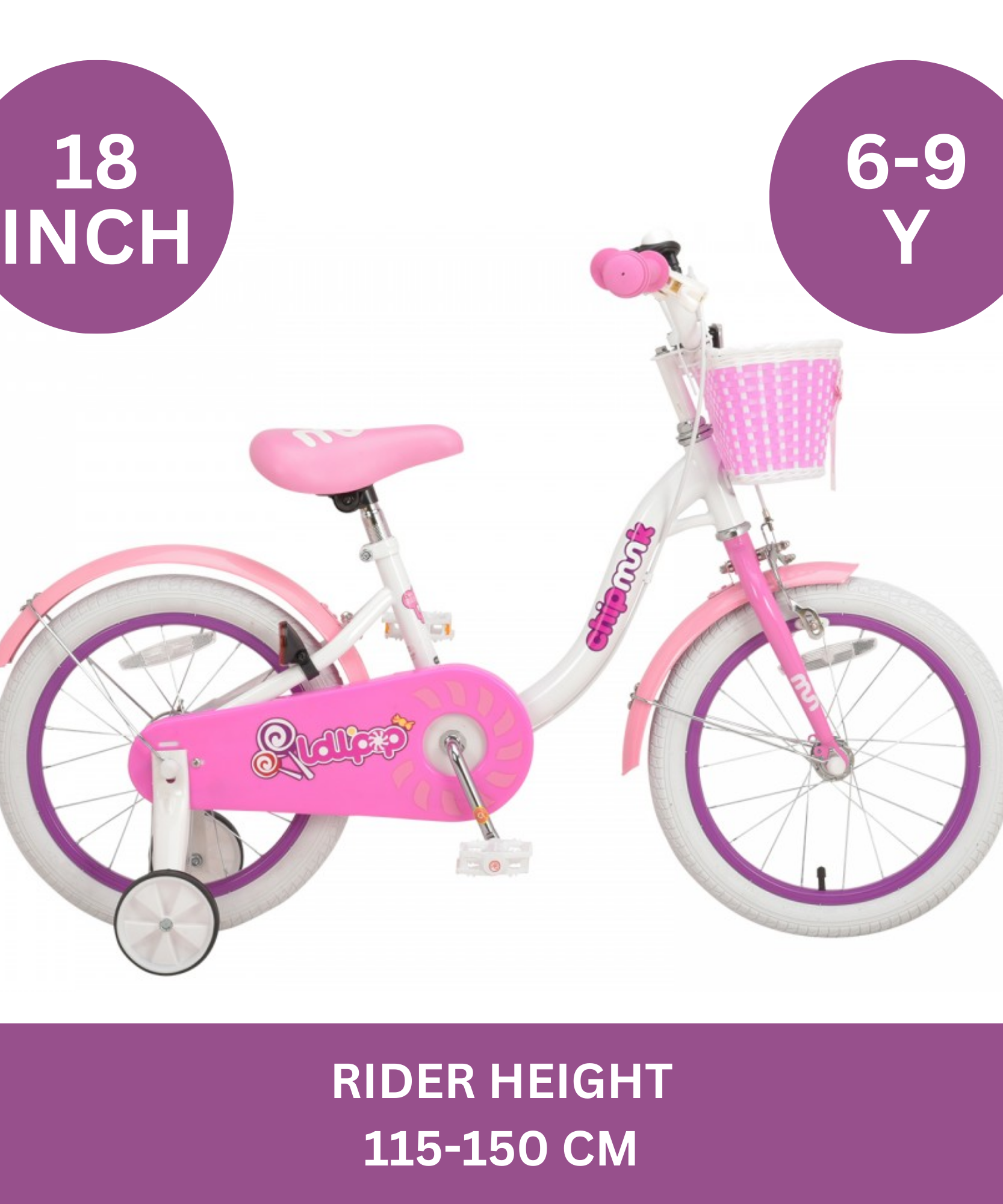 دراجة تشيبمنك إم إم مقاس 18 بوصة بإطار فولاذي خفيف الوزن، وسلة، ومقعد ومقبض قابلين للتعديل، وفرامل أمامية وخلفية، ودراجات أطفال مجمعة مسبقًا بنسبة 85% مع عجلات تدريب للأطفال من سن 6 إلى 9 سنوات، لون أبيض