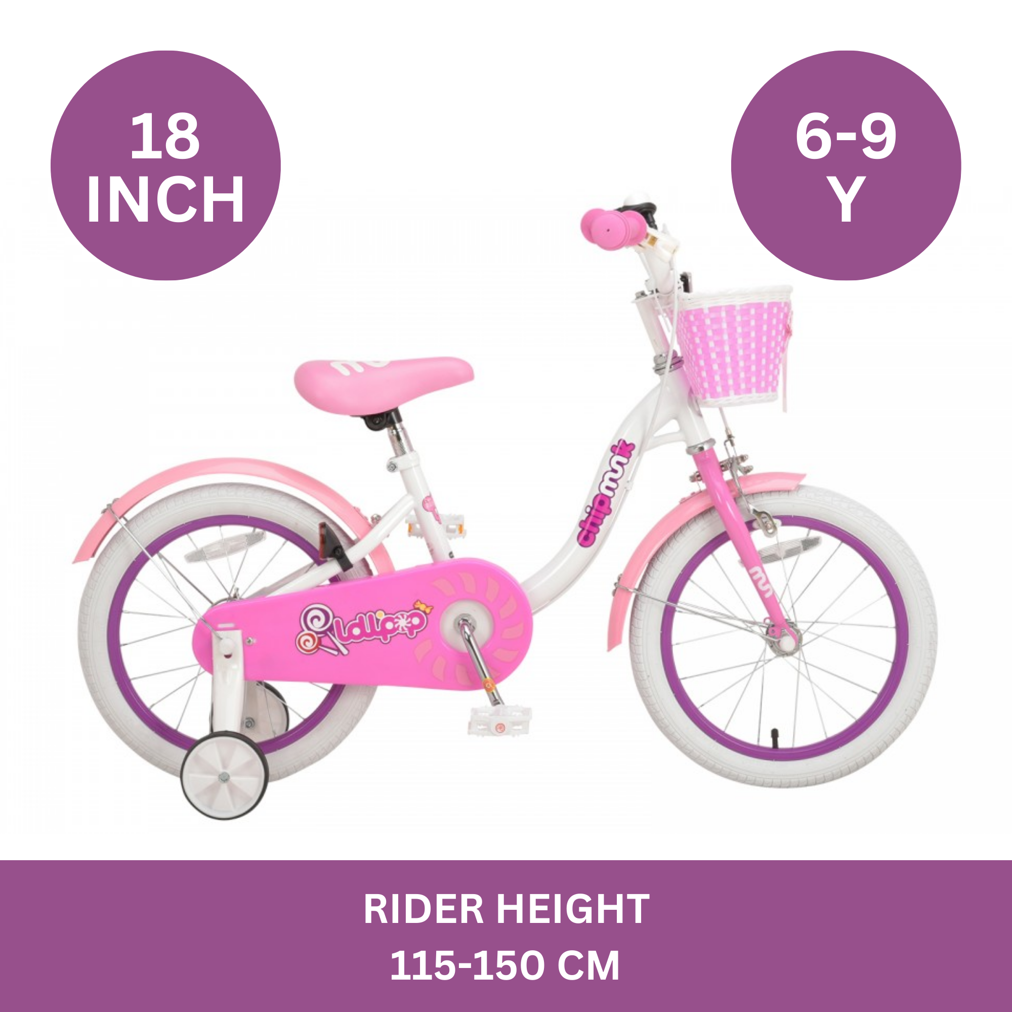 دراجة تشيبمنك إم إم مقاس 18 بوصة بإطار فولاذي خفيف الوزن، وسلة، ومقعد ومقبض قابلين للتعديل، وفرامل أمامية وخلفية، ودراجات أطفال مجمعة مسبقًا بنسبة 85% مع عجلات تدريب للأطفال من سن 6 إلى 9 سنوات، لون أبيض