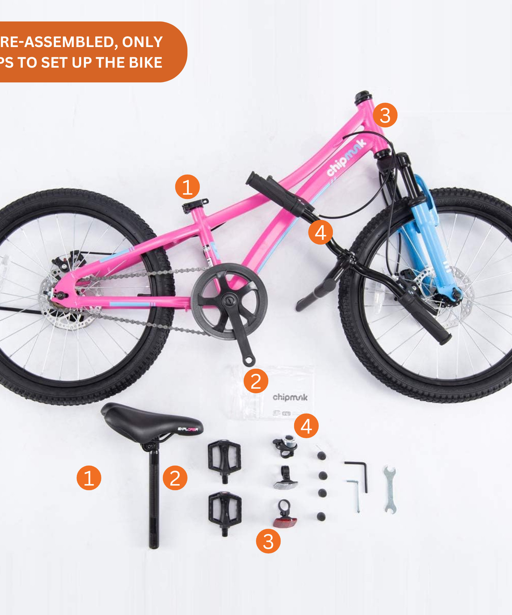 دراجة تشيبمنك إكسبلورر مقاس 20 بوصة بإطار من الألومنيوم خفيف الوزن، ومقعد ومقبض قابلين للتعديل، وفرامل أمامية وخلفية، ودراجات أطفال مجمعة مسبقًا بنسبة 95% مع حامل للأطفال من سن 8 إلى 12 عامًا، لون وردي