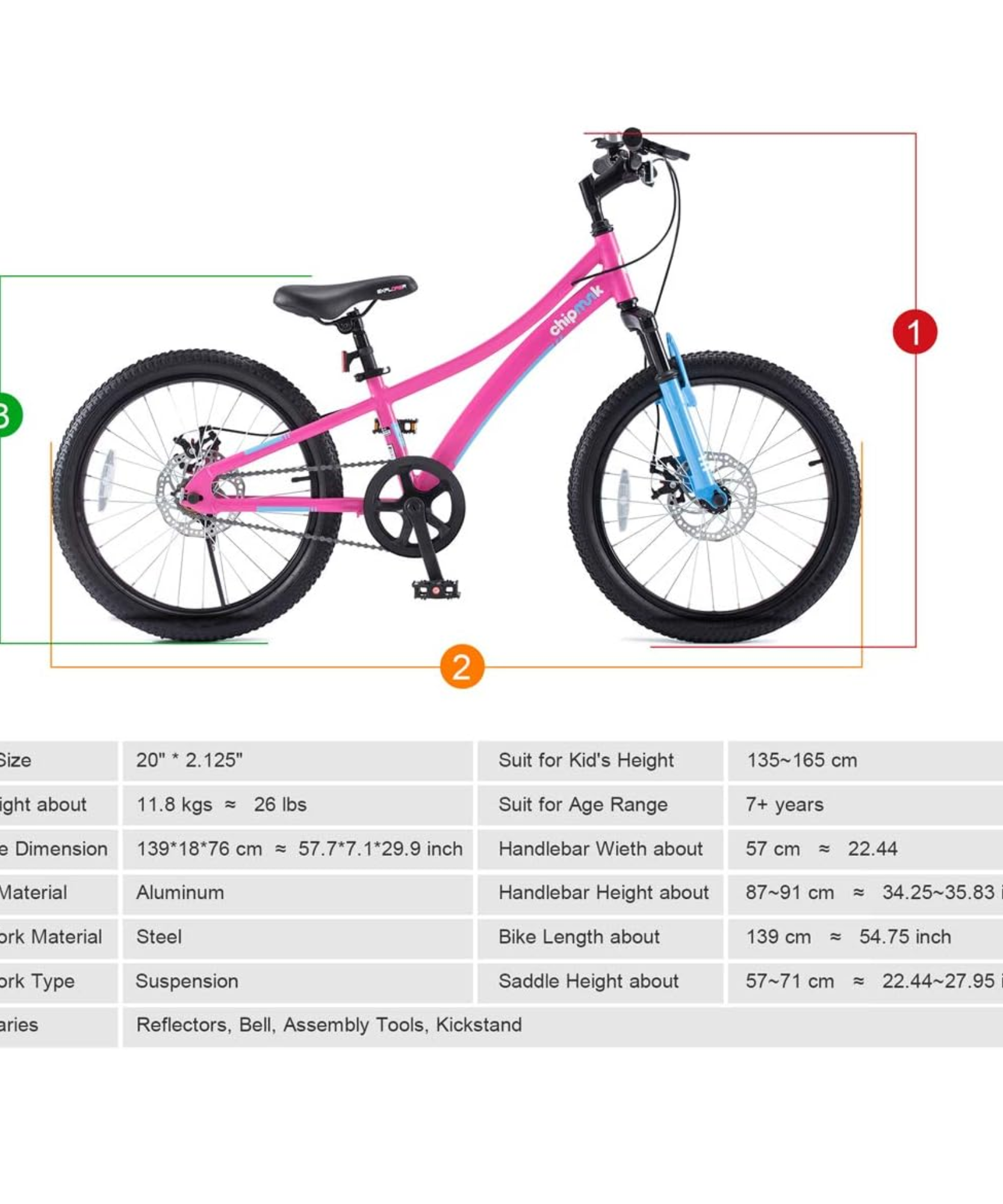 دراجة تشيبمنك إكسبلورر مقاس 20 بوصة بإطار من الألومنيوم خفيف الوزن، ومقعد ومقبض قابلين للتعديل، وفرامل أمامية وخلفية، ودراجات أطفال مجمعة مسبقًا بنسبة 95% مع حامل للأطفال من سن 8 إلى 12 عامًا، لون وردي