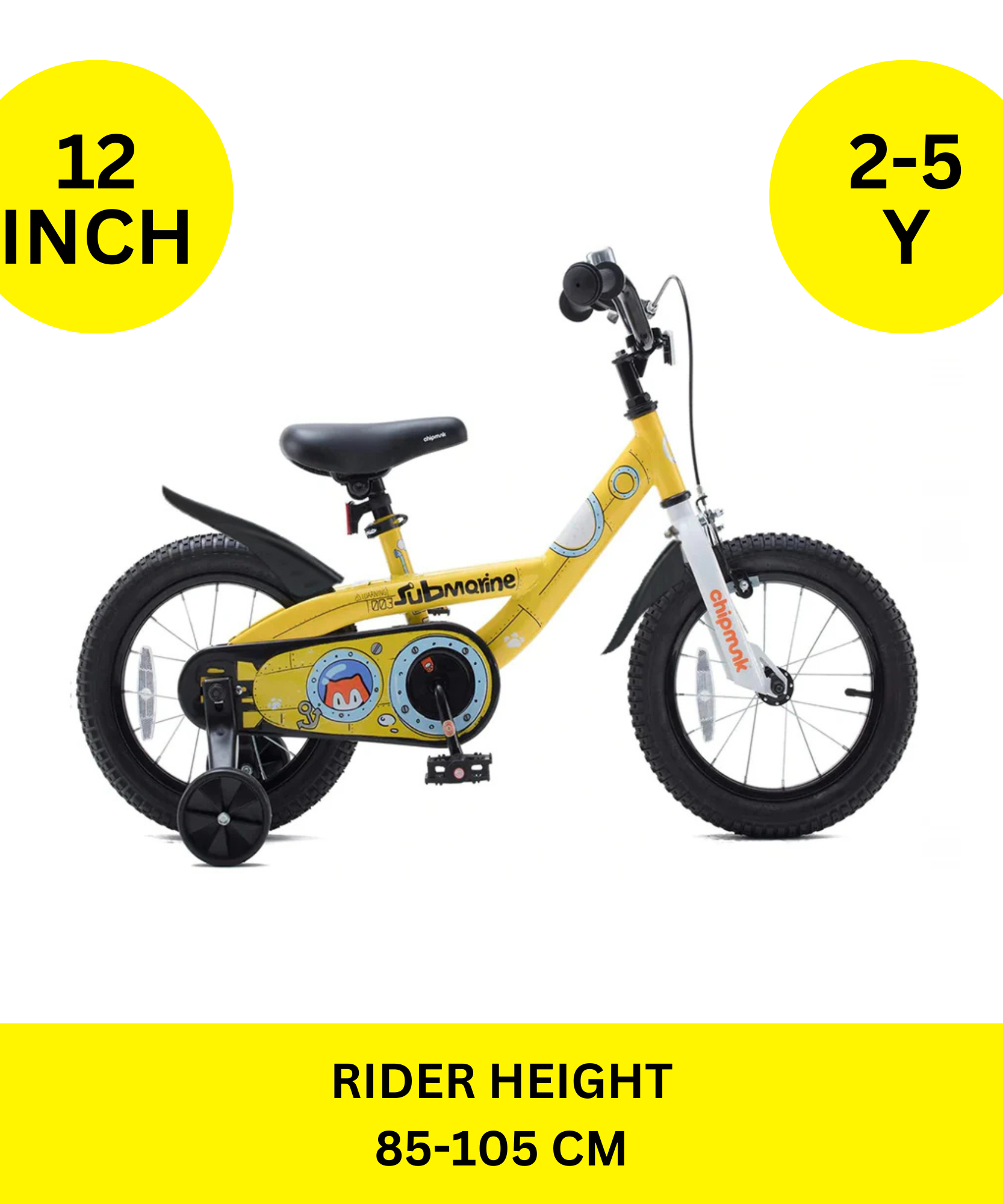 دراجة تشيبمنك سابمارين مقاس 12 بوصة بإطار فولاذي خفيف الوزن، ومقعد ومقبض قابلان للتعديل، وفرامل أمامية وخلفية، ودراجات أطفال مجمعة مسبقًا بنسبة 95% مع عجلات تدريب للأطفال من عمر 2 إلى 5 سنوات، لون أصفر