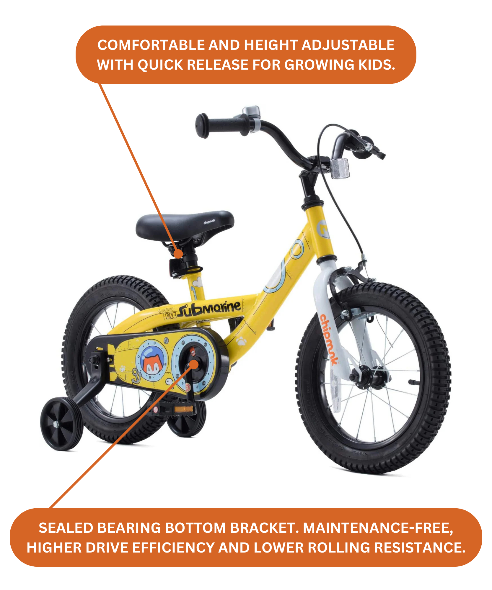 دراجة تشيبمنك سابمارين مقاس 16 بوصة بإطار فولاذي خفيف الوزن، ومقعد ومقبض قابلان للتعديل، وفرامل أمامية وخلفية، ودراجات أطفال مجمعة مسبقًا بنسبة 95% مع عجلات تدريب للأطفال من سن 4 إلى 7 سنوات، لون أصفر