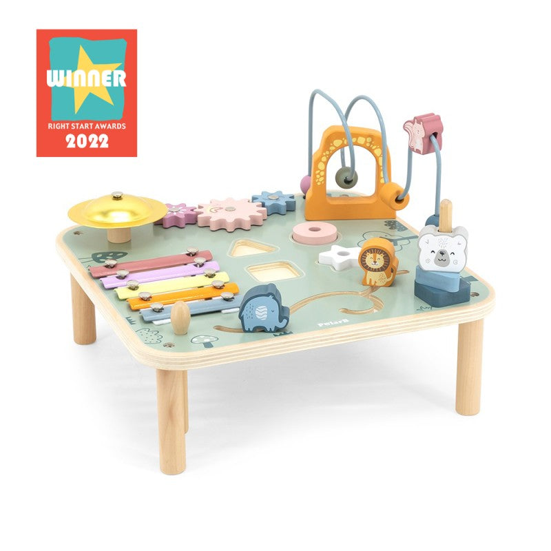 PolarB Wooden Activity Table for Kids Age 3 and Up, Durable Educational Toy with Gears, Beads, Blocks, Xylophone and More
