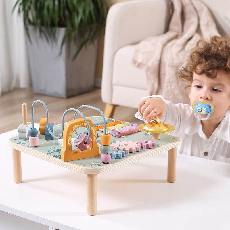PolarB Wooden Activity Table for Kids Age 3 and Up, Durable Educational Toy with Gears, Beads, Blocks, Xylophone and More