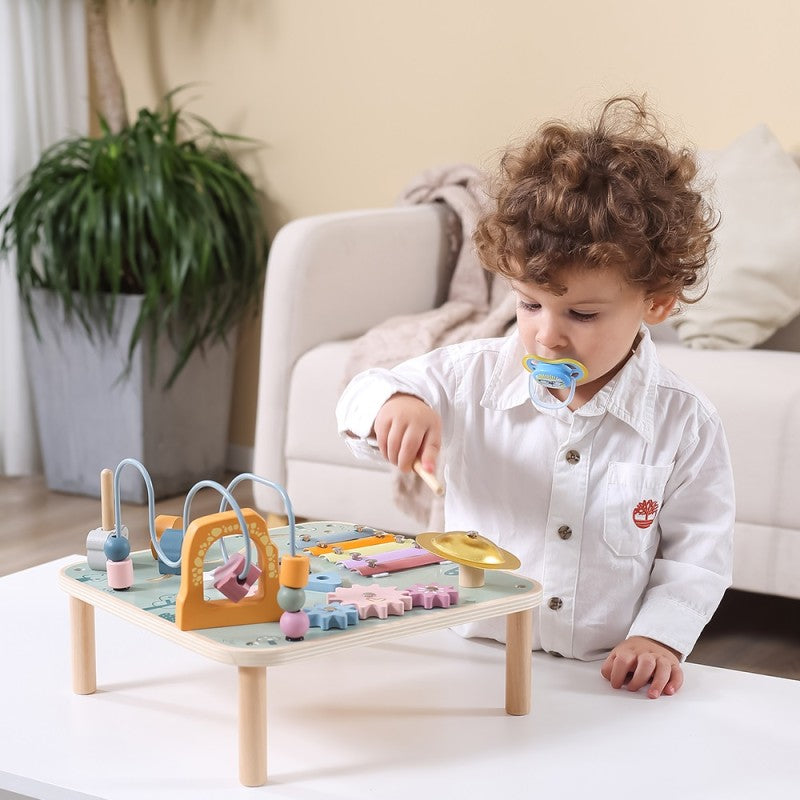 PolarB Wooden Activity Table for Kids Age 3 and Up, Durable Educational Toy with Gears, Beads, Blocks, Xylophone and More