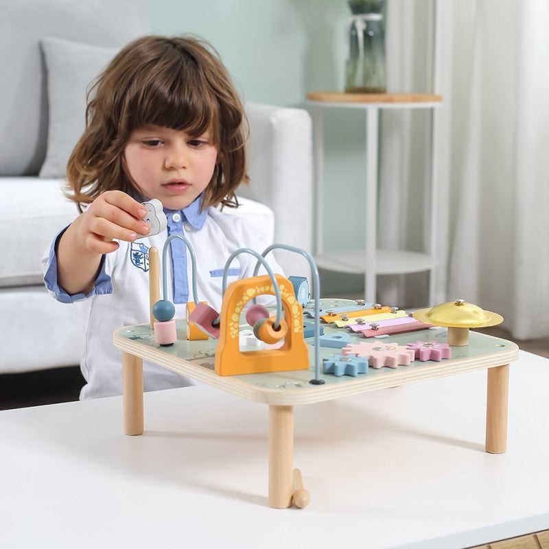 PolarB Wooden Activity Table for Kids Age 3 and Up, Durable Educational Toy with Gears, Beads, Blocks, Xylophone and More
