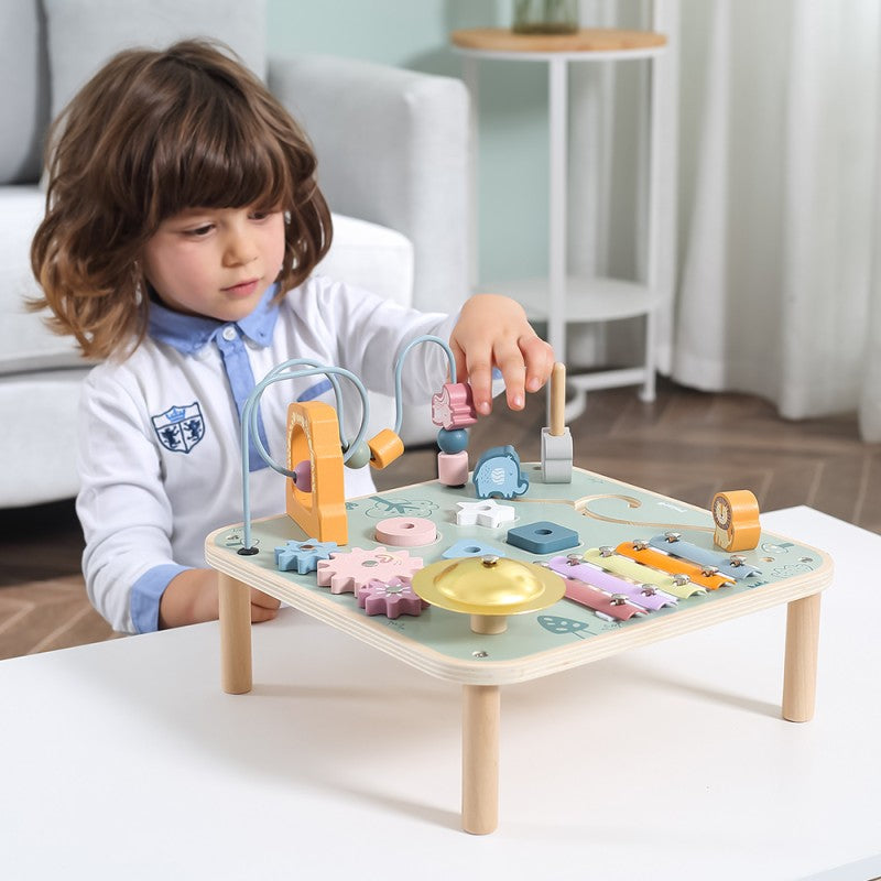 PolarB Wooden Activity Table for Kids Age 3 and Up, Durable Educational Toy with Gears, Beads, Blocks, Xylophone and More