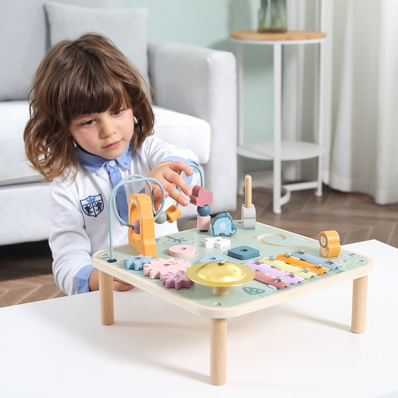 PolarB Wooden Activity Table for Kids Age 3 and Up, Durable Educational Toy with Gears, Beads, Blocks, Xylophone and More