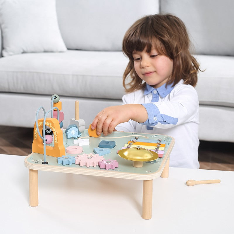 PolarB Wooden Activity Table for Kids Age 3 and Up, Durable Educational Toy with Gears, Beads, Blocks, Xylophone and More