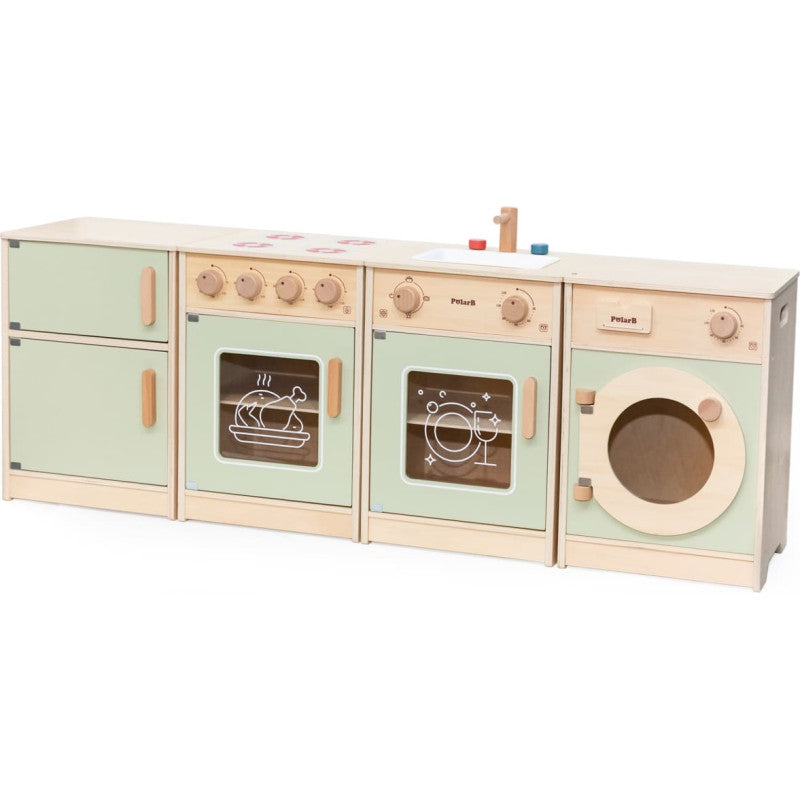 PolarB Sage Green Wooden Toddler Kitchen Playset for Ages 18 Months and Up, Includes Fridge, Stove, Sink, Dishwasher and Washing Machine, Encourages Imaginative and Social Play