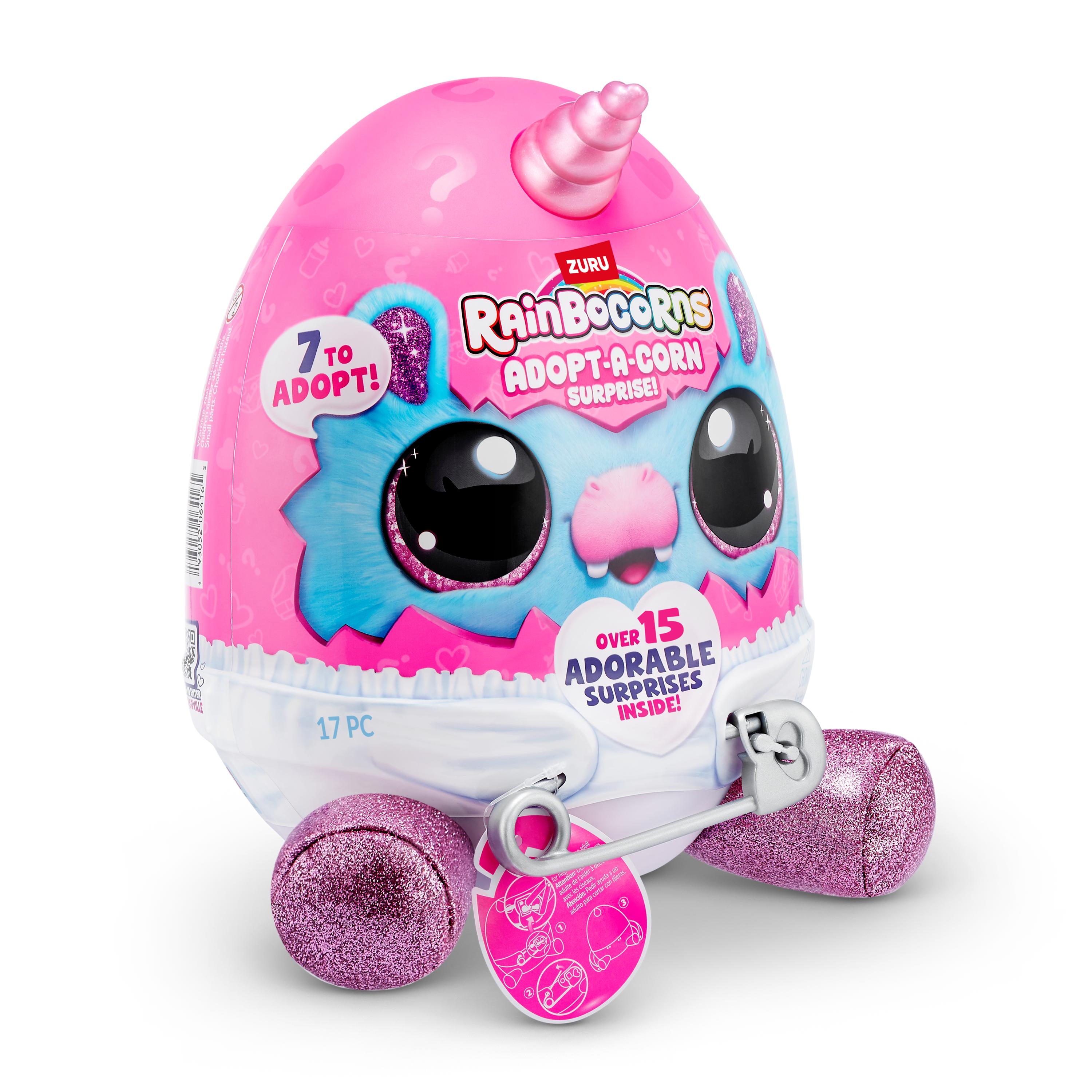 Rainbocorns Adopt-A-Corns Baby Plush Assorted Newborn Surprise Toy with 15+ Surprises, Diaper Egg, Pacifier & Adoption Certificate, Collect All 7 Cute Characters, Gift for Girls Ages 3+