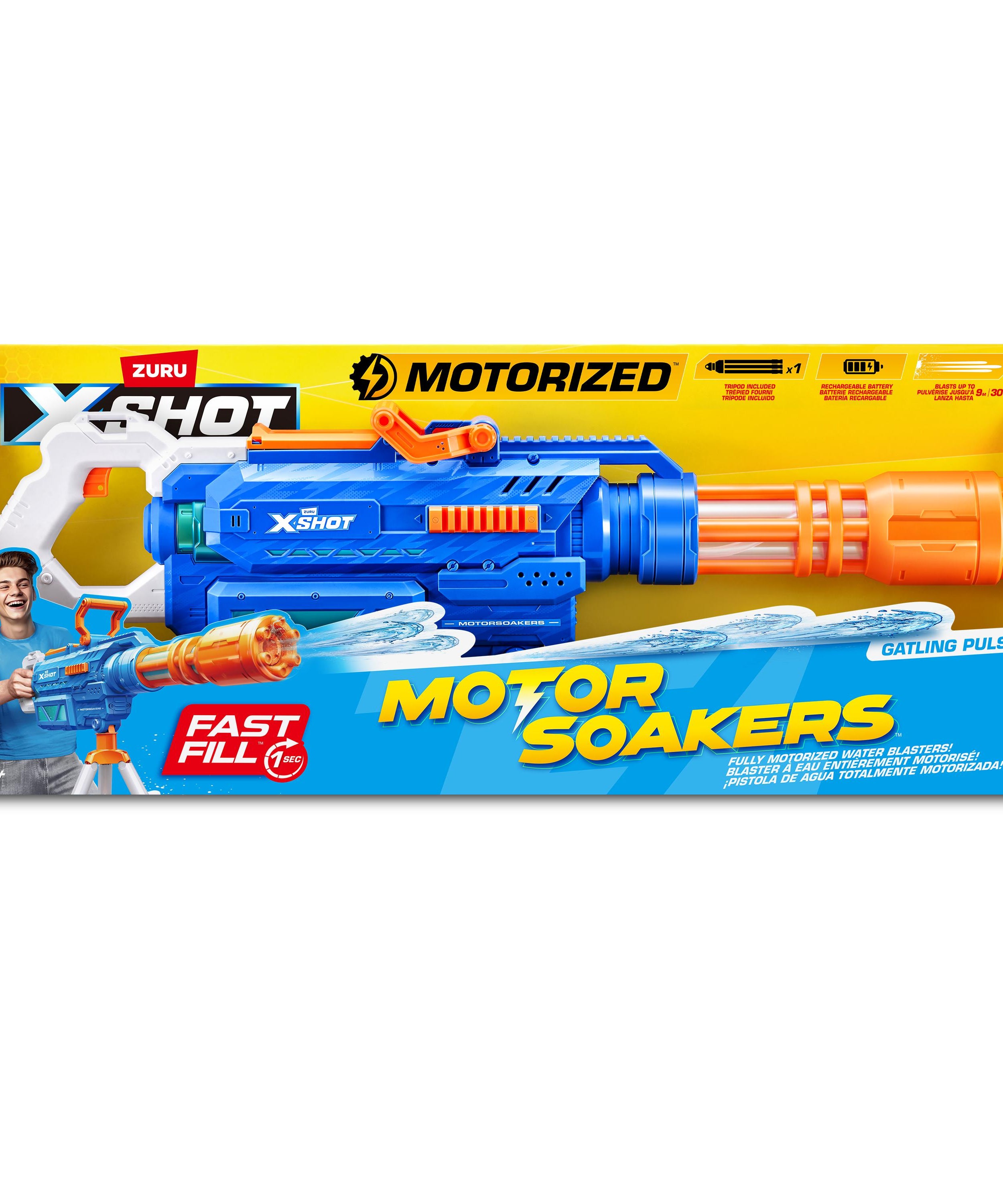 X-Shot Gatling Motor Water Soaker, Motorized Water Gun for Boys & Girls, Age 8+, 1650ml Tank, Fast-Fill, Tripod, 26ft Blast