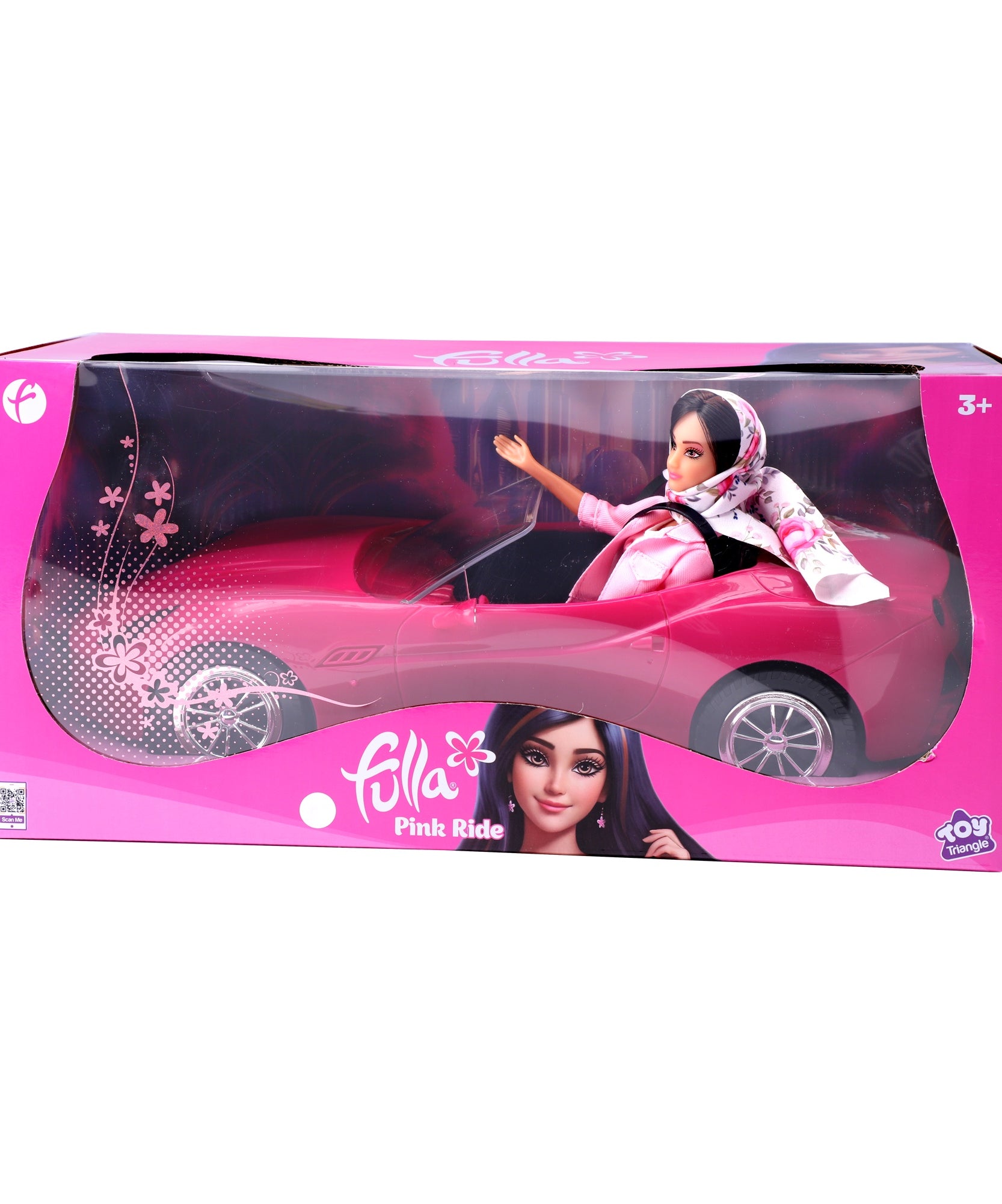 Fulla Ride and Drive Doll with Pink Car, Floral Scarf and Pink Denim Jacket, Pretend Travel Adventure Play Set for Kids Aged 3+