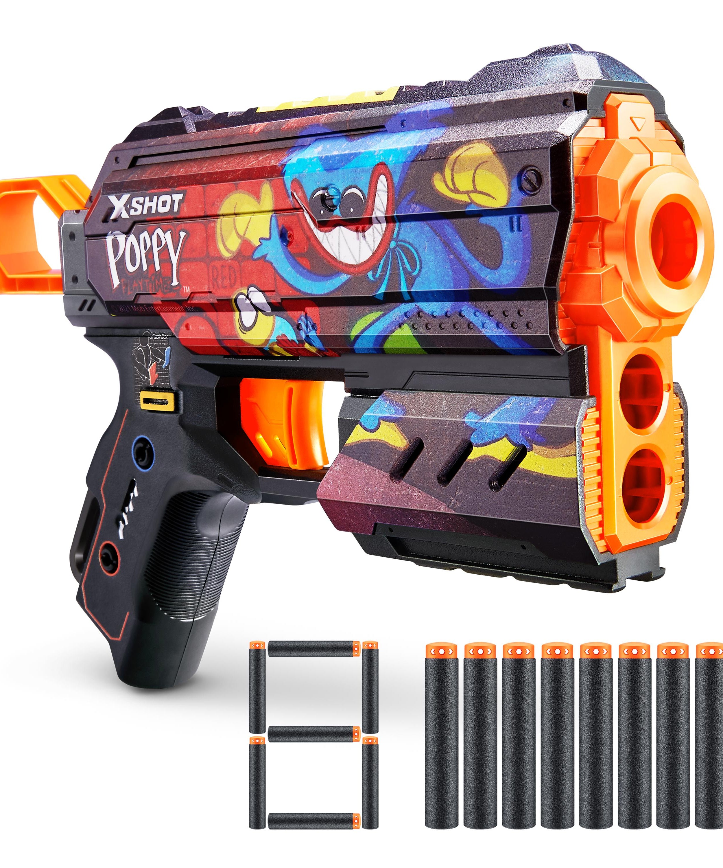 XSHOT Skins Flux, Poppy Playtime Jumpscare Edition (8 Darts), Foam Dart Blaster with Air Pocket Dart Technology, Shoots up to 27m, Collectible Toy Gun for Kids Ages 8+, Boys, Girls, Teens