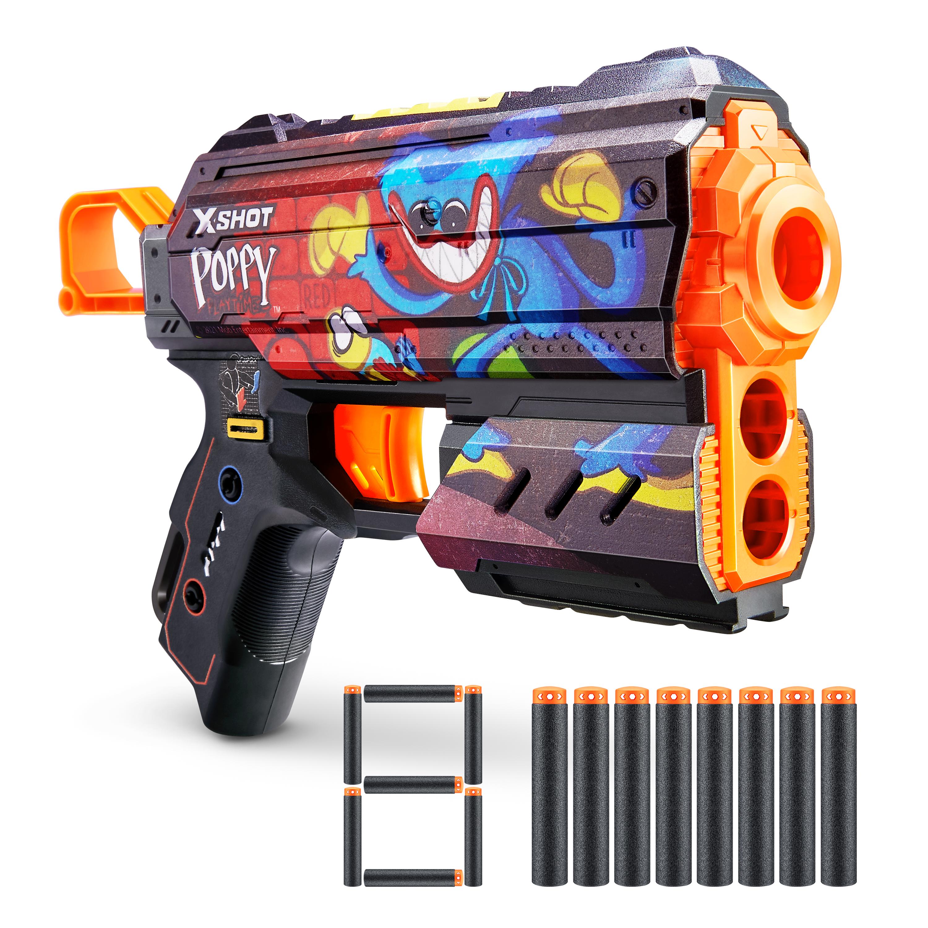 XSHOT Skins Flux, Poppy Playtime Jumpscare Edition (8 Darts), Foam Dart Blaster with Air Pocket Dart Technology, Shoots up to 27m, Collectible Toy Gun for Kids Ages 8+, Boys, Girls, Teens