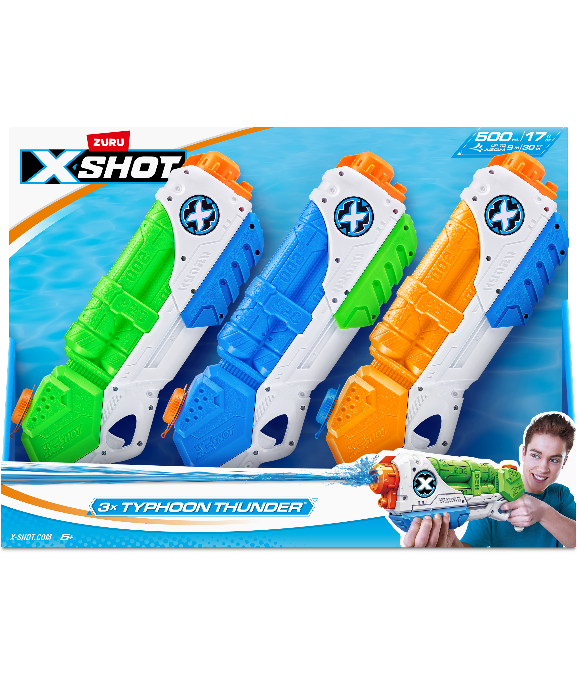 X-Shot Typhoon Thunder Water Blaster, Medium Pump Action Soaker Guns with 550ml Tank, Blast Water 9m, Outdoor Summer Water Play for Kids, Pack of 3 ,Boys, Age 5+