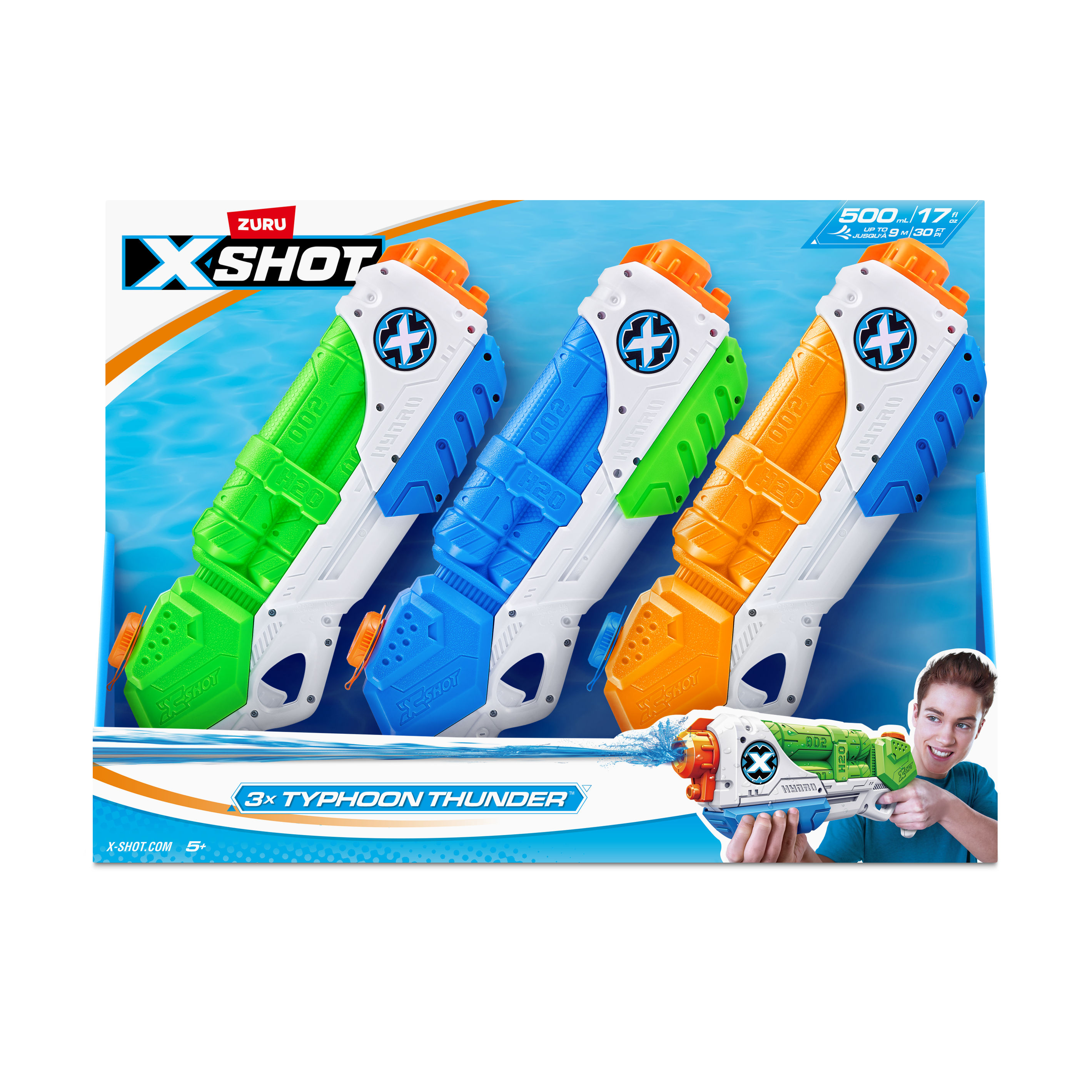 X-Shot Typhoon Thunder Water Blaster, Medium Pump Action Soaker Guns with 550ml Tank, Blast Water 9m, Outdoor Summer Water Play for Kids, Pack of 3 ,Boys, Age 5+