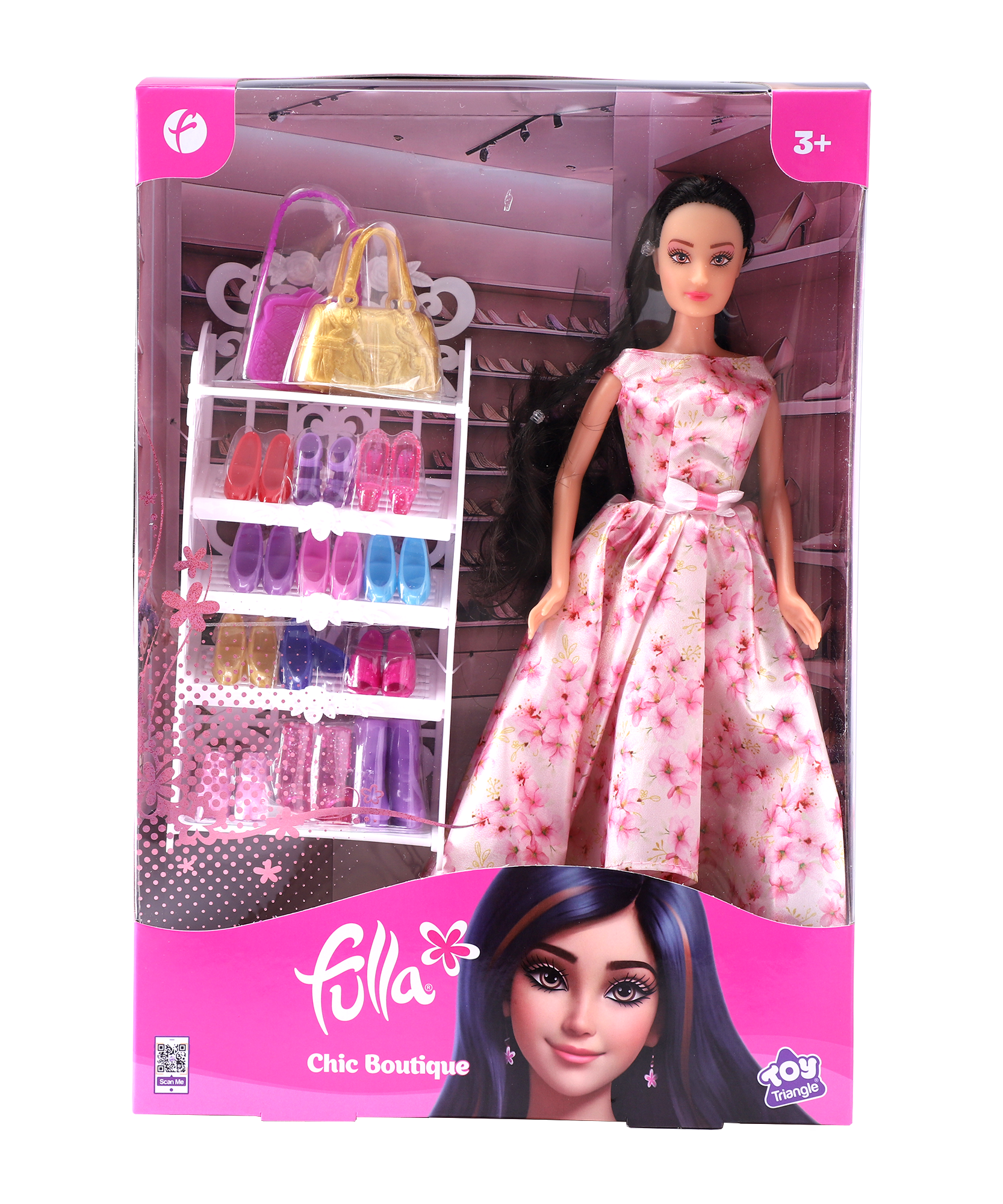 Fulla Chic Boutique Doll, Fashion Doll with 10 Pairs of Shoes, Handbags, Ankle Boots & Shoe Shelf for Creative Dress-Up Play for Girls, Age 3+