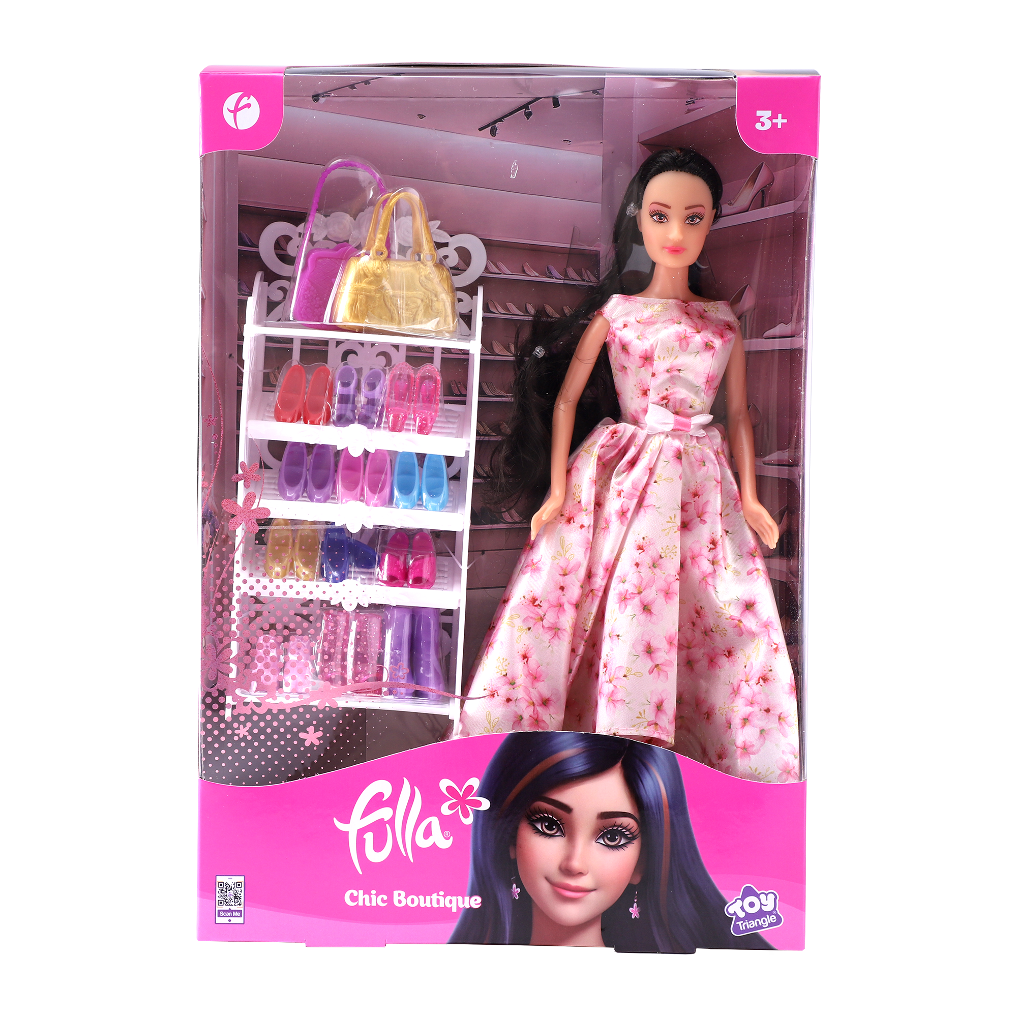 Fulla Chic Boutique Doll, Fashion Doll with 10 Pairs of Shoes, Handbags, Ankle Boots & Shoe Shelf for Creative Dress-Up Play for Girls, Age 3+