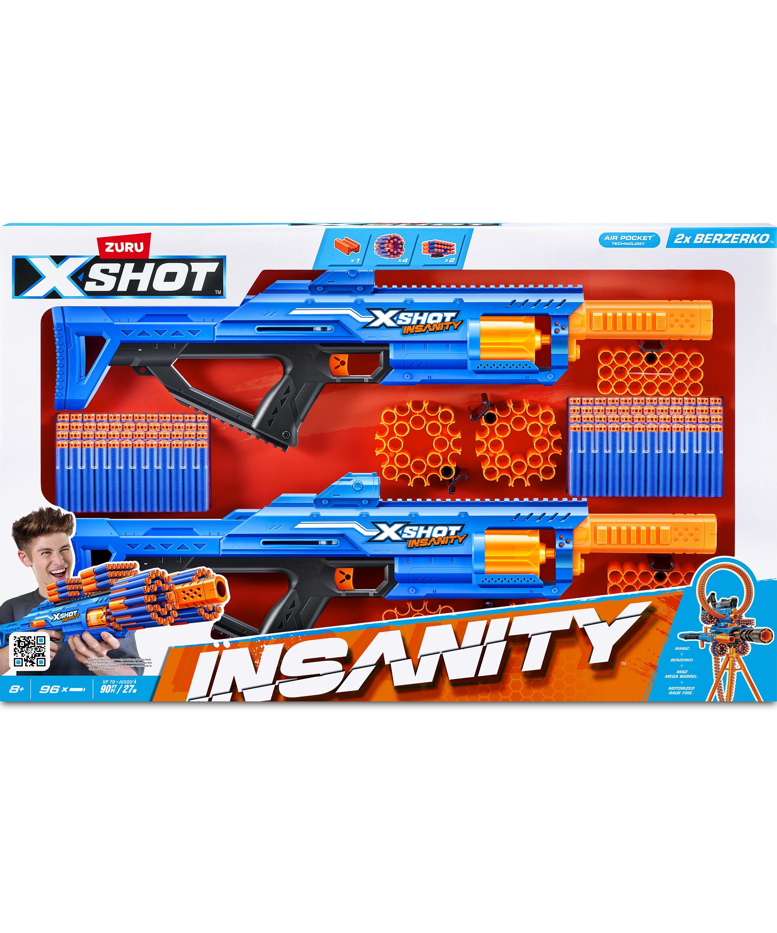 XShot Insanity Double Berzerko Blaster Pack, 8-Shot Dart Gun with 96 Foam Darts, Modular Storage, Rapid-Fire Toy Blaster for Kids Outdoor Action, Pack of 2