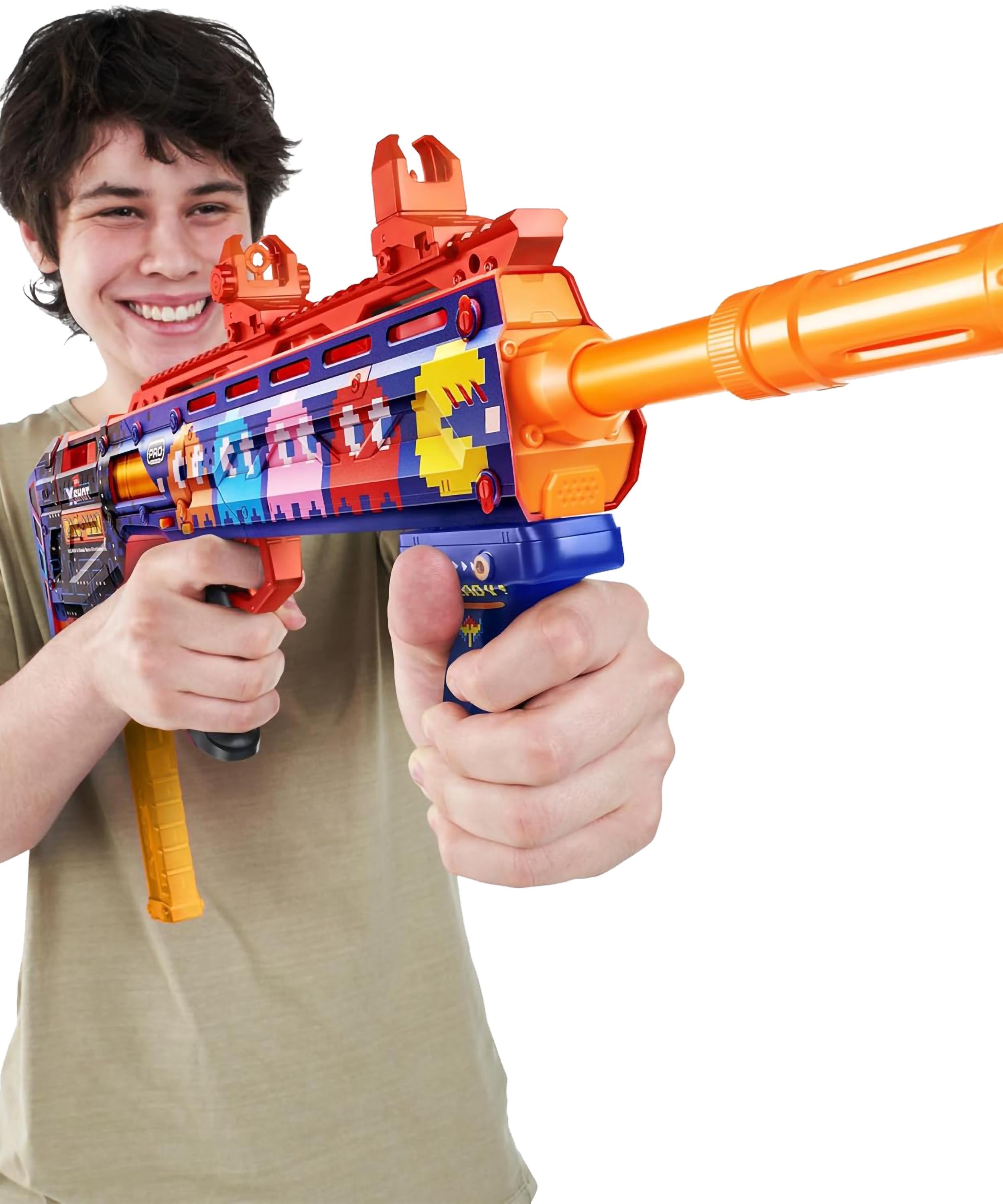 XShot Skins Pro Pac-Man Long Shot Blaster, 40 Darts, Slam Fire, Retro Skin, 2 Quick Clips, Half & Full-Length Ammo, Air Pocket Foam Tech, 66ft Range for Boys, Age 14+