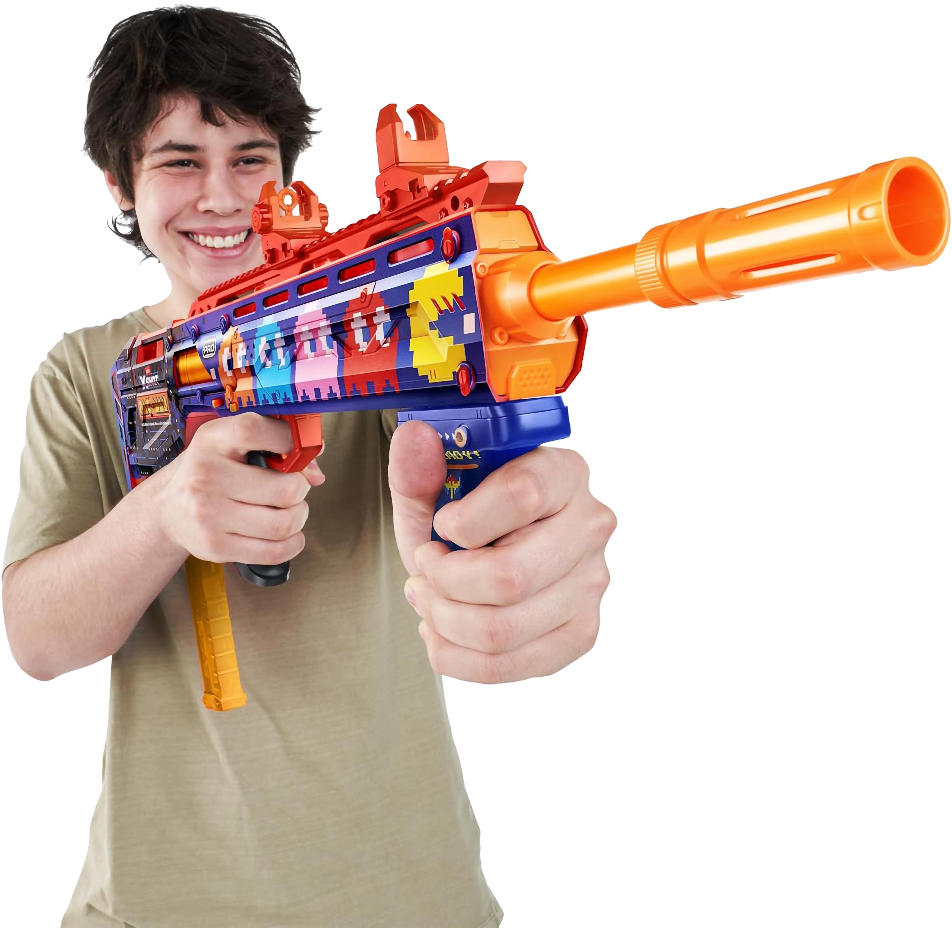 XShot Skins Pro Pac-Man Long Shot Blaster, 40 Darts, Slam Fire, Retro Skin, 2 Quick Clips, Half & Full-Length Ammo, Air Pocket Foam Tech, 66ft Range for Boys, Age 14+