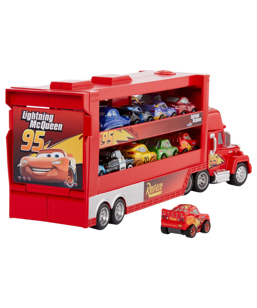 Mattel Disney Pixar Cars Mack Mini Racers Hauler with 1 Mini Die-Cast Car, Toy Transporter Holds 18 Minis, Ages 3+