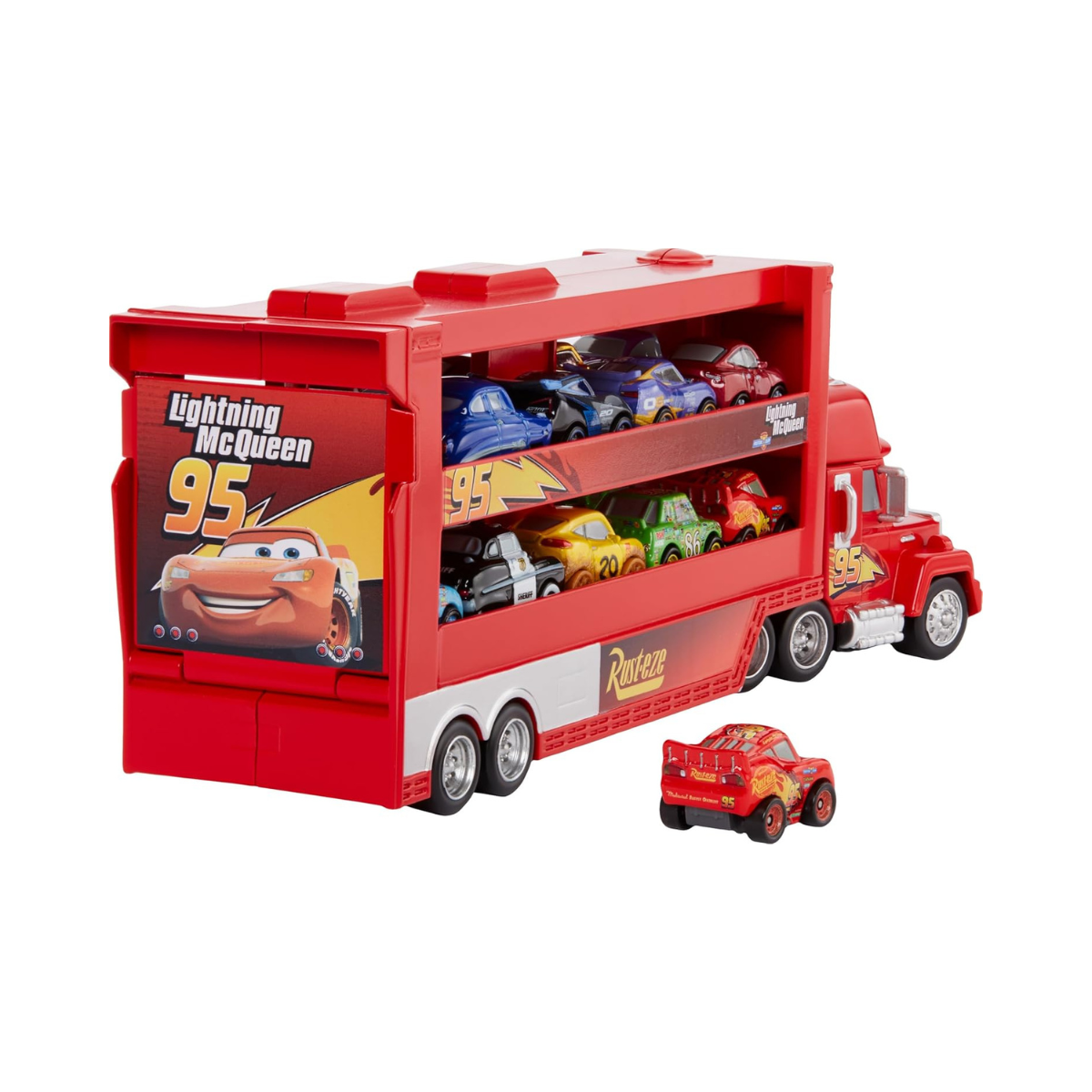 Mattel Disney Pixar Cars Mack Mini Racers Hauler with 1 Mini Die-Cast Car, Toy Transporter Holds 18 Minis, Ages 3+