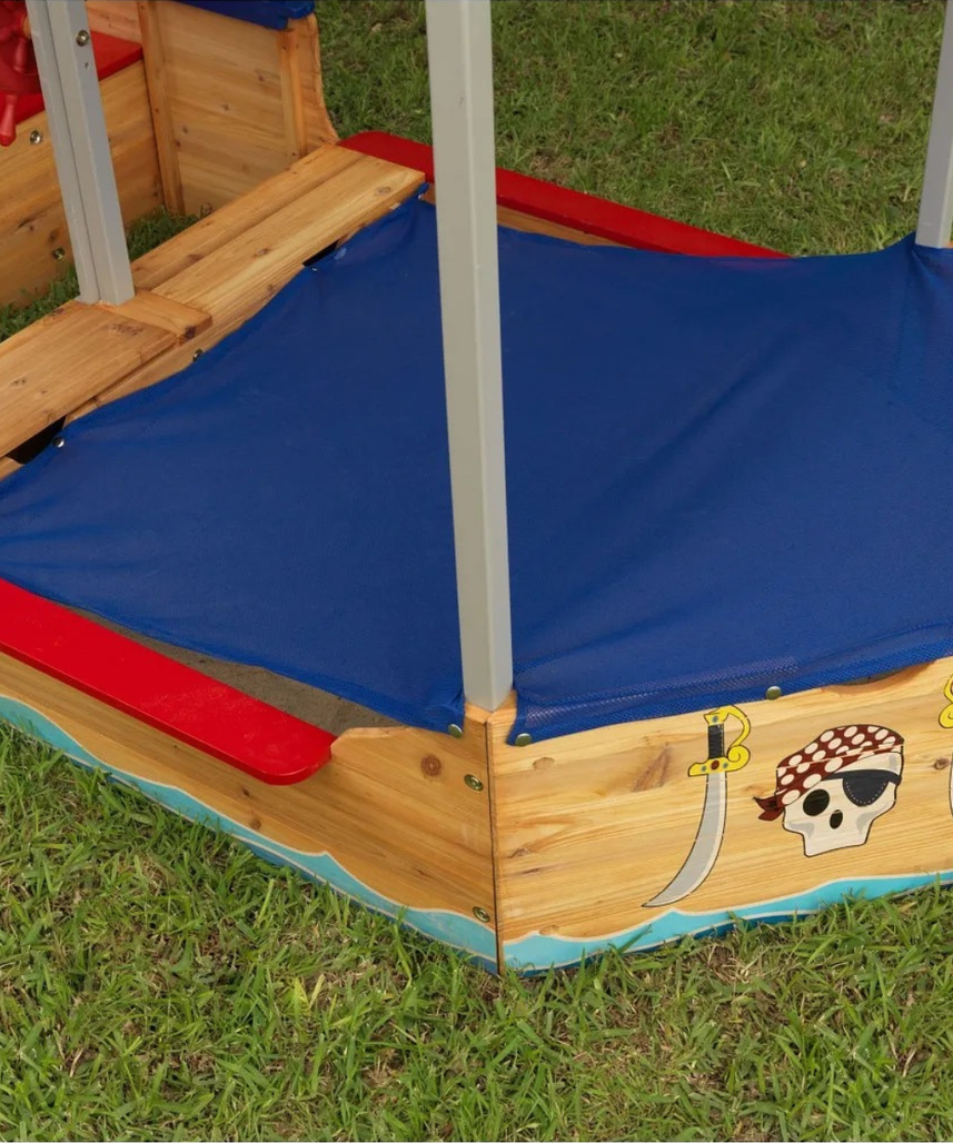 KidKraft Pirate Sand Boat Sandbox with Canopy and Storage, Wooden Outdoor Sand Play Boat for Kids Ages 5 and Up, Weather Resistant Wood, Large Play Area, Pirate Theme