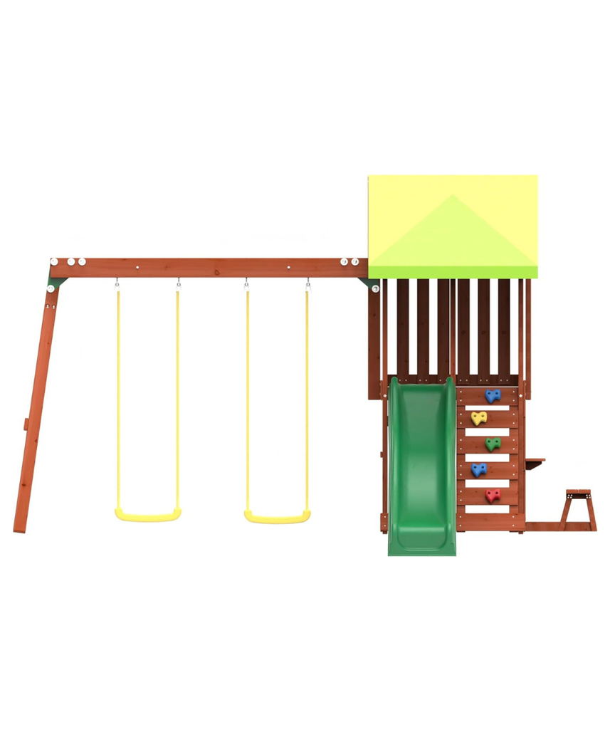 Kiddoro Mighty Jungle Wooden Outdoor Playset, Double Slide & 2 Swings, Climbing Wall, Playhouse with Picnic Table, Backyard Garden Swing Set for Kids 2+ Years