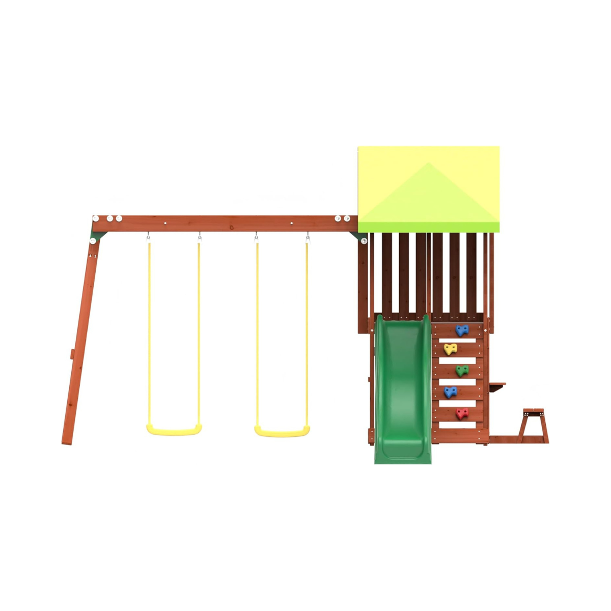 Kiddoro Mighty Jungle Wooden Outdoor Playset, Double Slide & 2 Swings, Climbing Wall, Playhouse with Picnic Table, Backyard Garden Swing Set for Kids 2+ Years