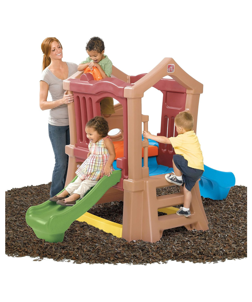 Step2 Double Slide Climber, Brown, Two-Tier Outdoor Climber with Ladder, Rock Wall & Rotating Steering Wheel