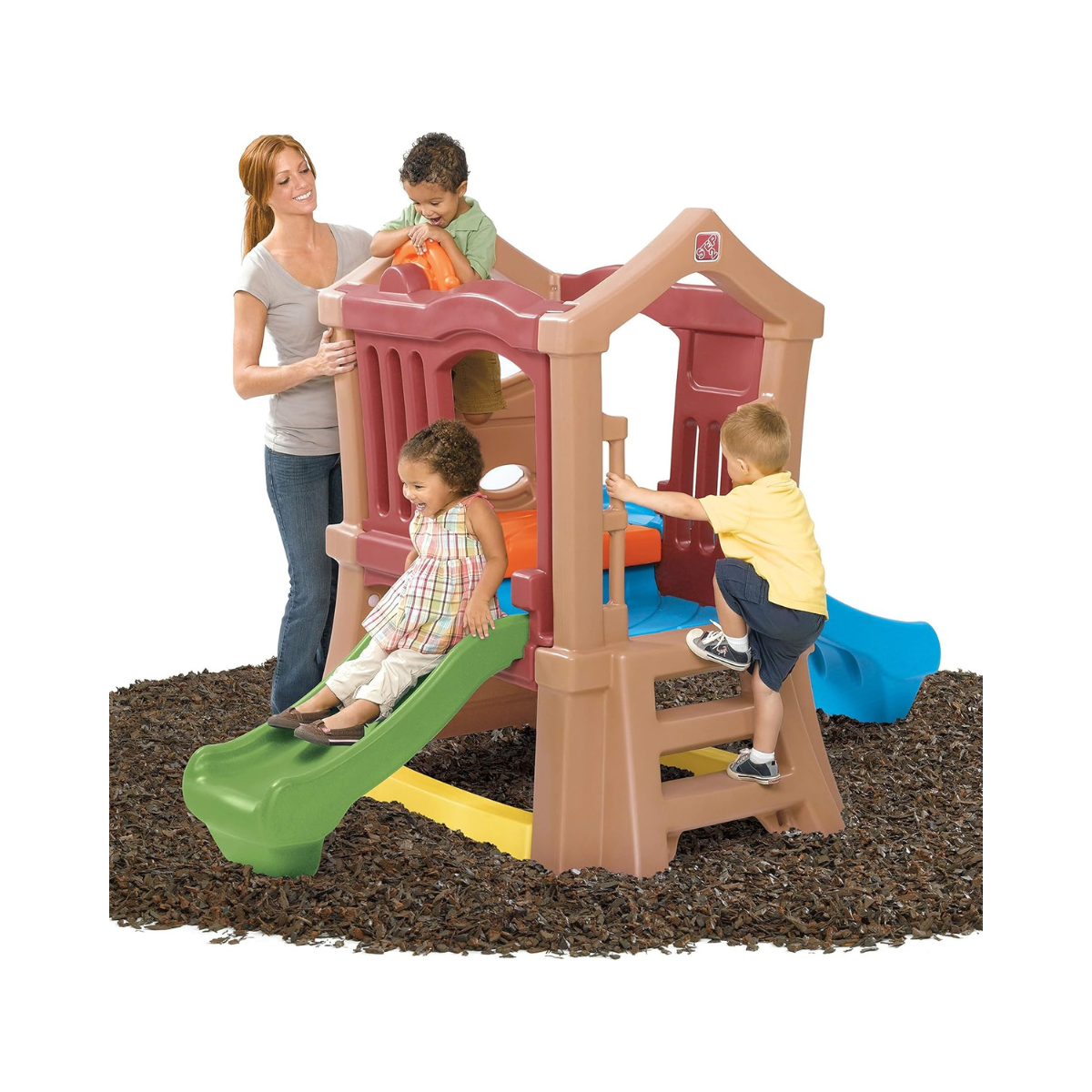 Step2 Double Slide Climber, Brown, Two-Tier Outdoor Climber with Ladder, Rock Wall & Rotating Steering Wheel