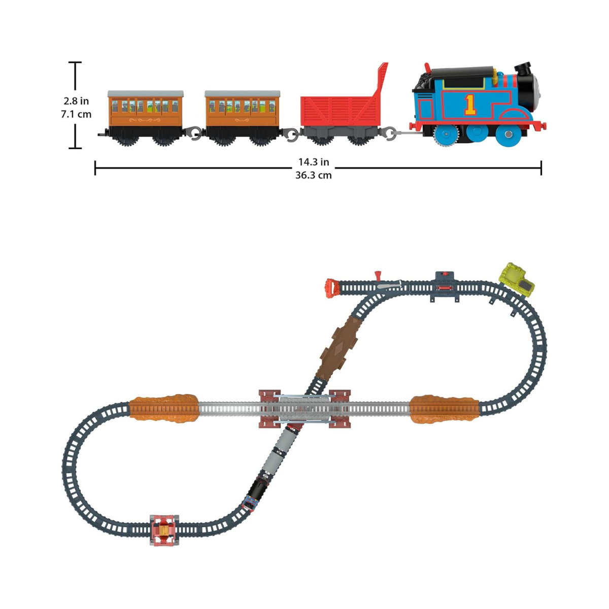 Thomas & Friends Fisher-Price 3-in-1 Package Pickup Train Set, Motorized Thomas with Annie & Clarabel, 3 Track Layouts, Battery-Powered, Ages 3+