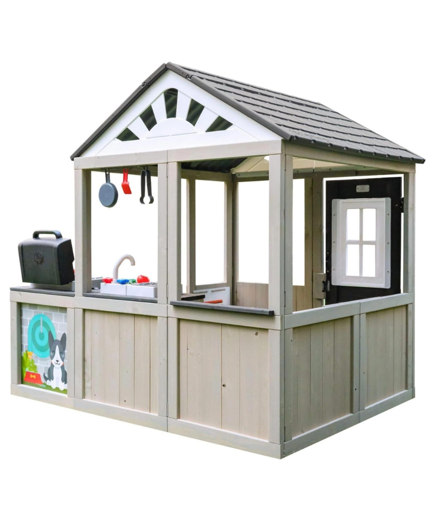 KidKraft Patio Party Wooden Outdoor Playhouse with Spinner Block Puzzle, 14pc, Backyard Playhouse for Kids Ages 3 and Up, Role Play Grill, Sink and Interactive Accessories